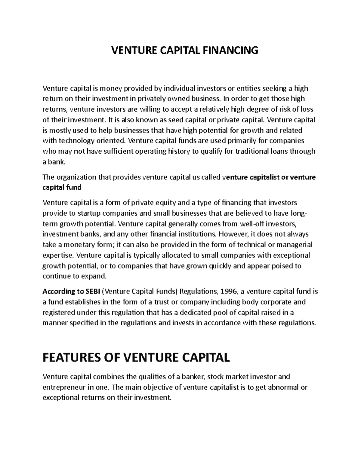 Venture Caapital - Lecture notes 1-7 - VENTURE CAPITAL FINANCING ...