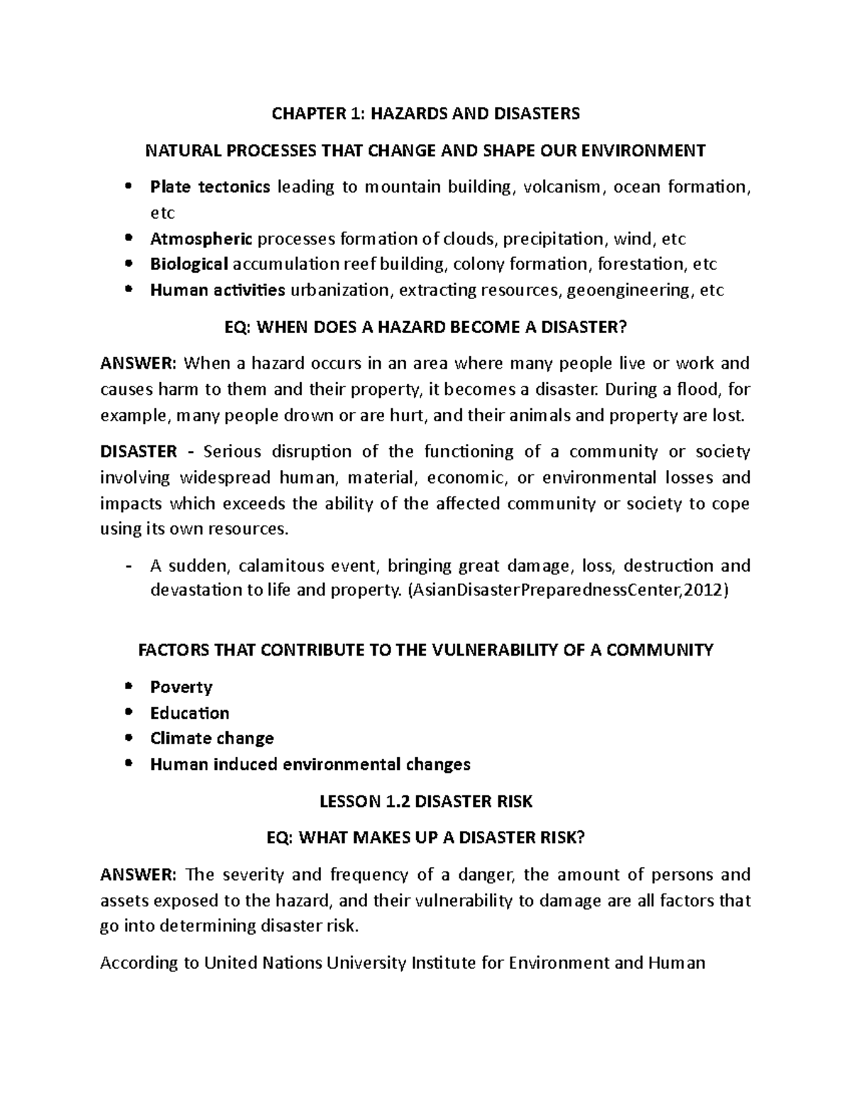 Hazards AND Disasters - Lecture notes 1-1.3 - Science, Technology ...