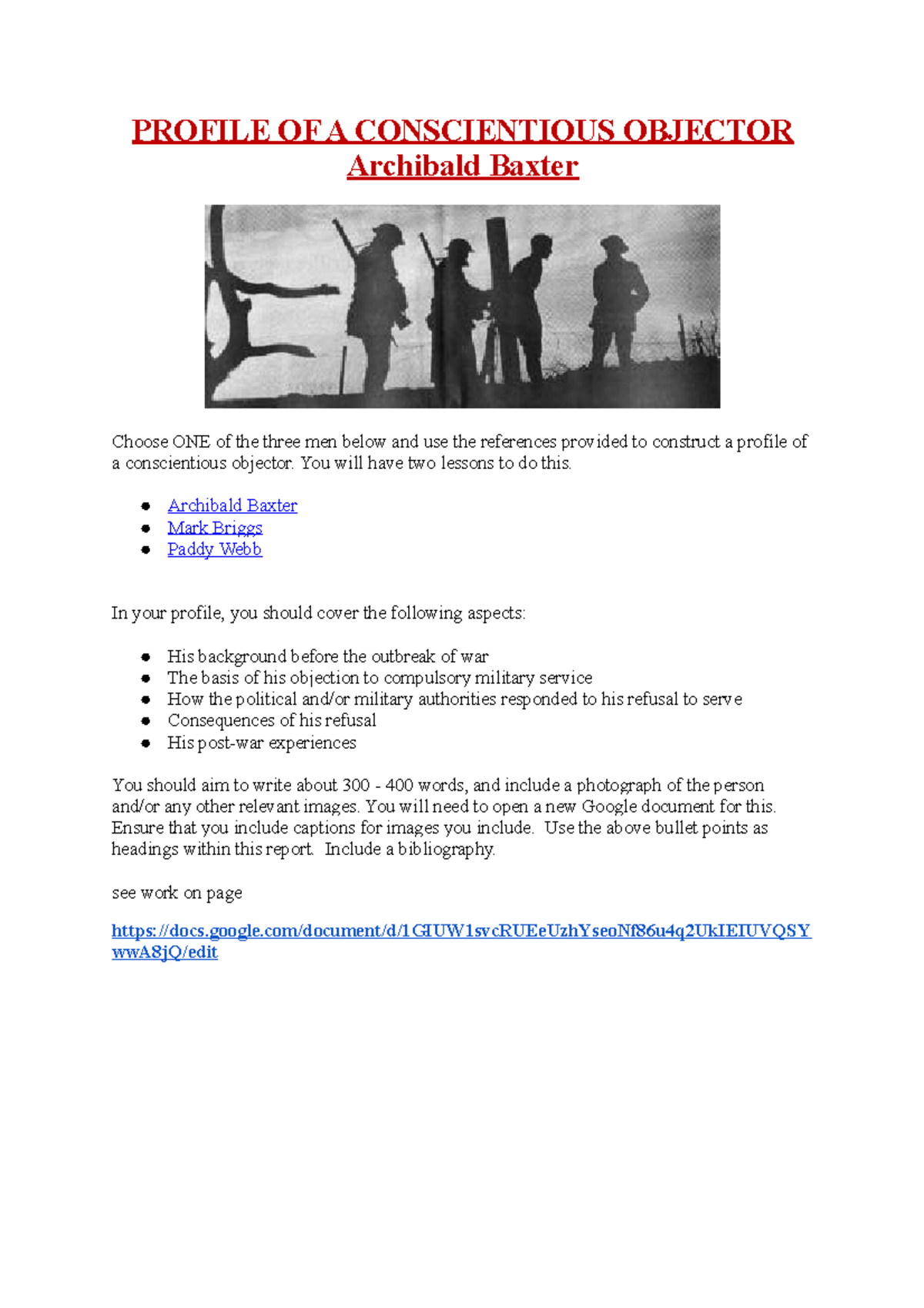 Archibald Baxter Conscientious Objector - PROFILE OF A CONSCIENTIOUS ...