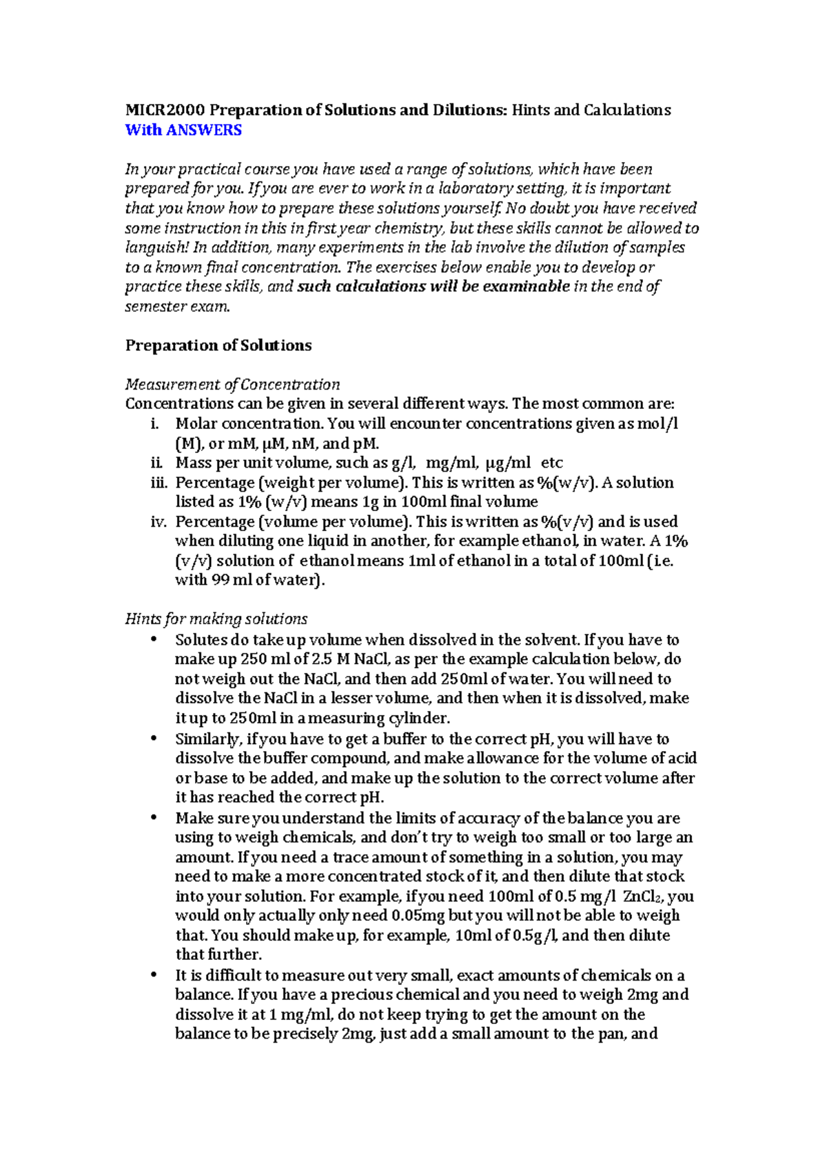 Solutions and Dilutions Answers Preparation of Solutions and