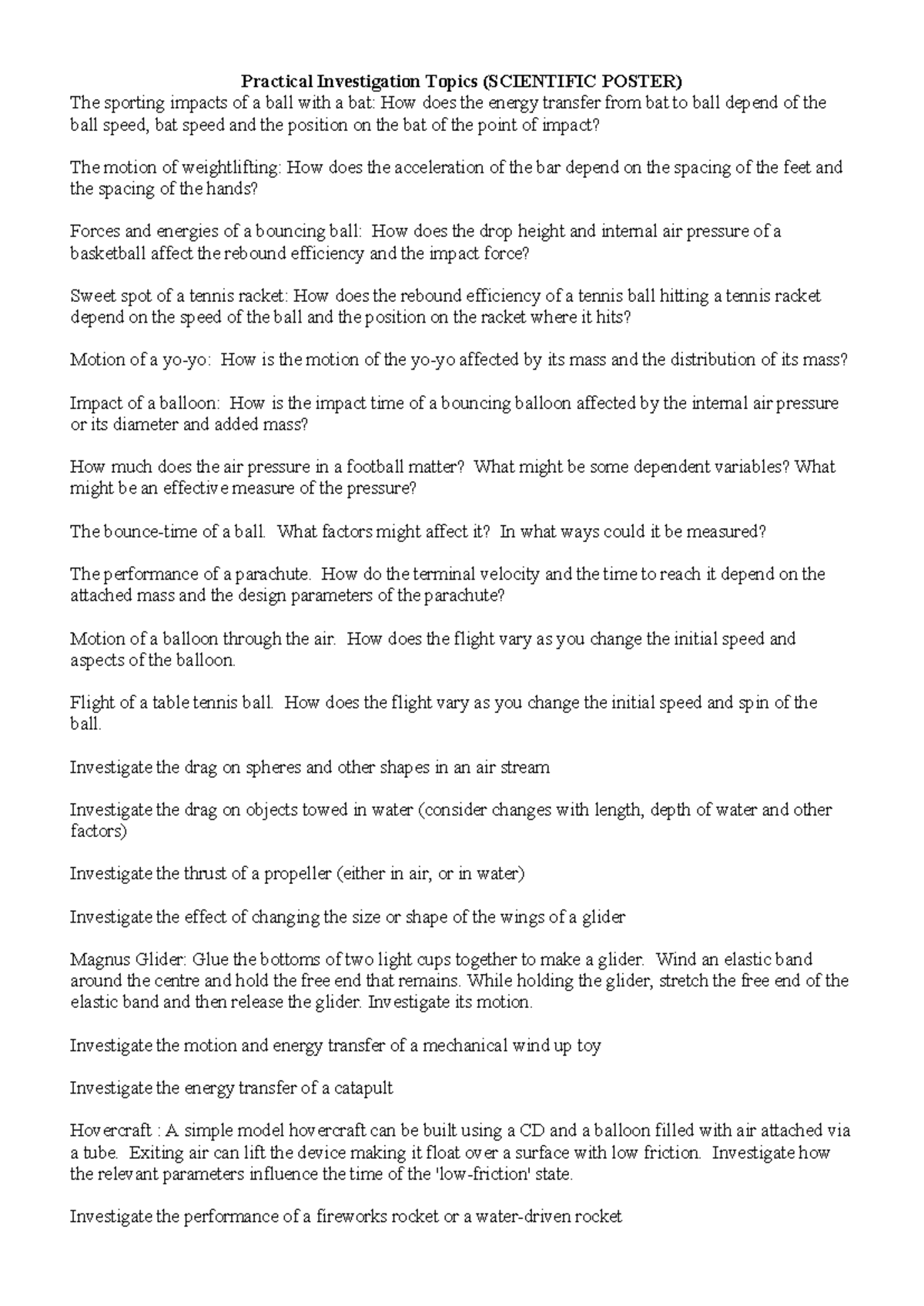 Scientific Poster topics - Practical Investigation Topics (SCIENTIFIC ...