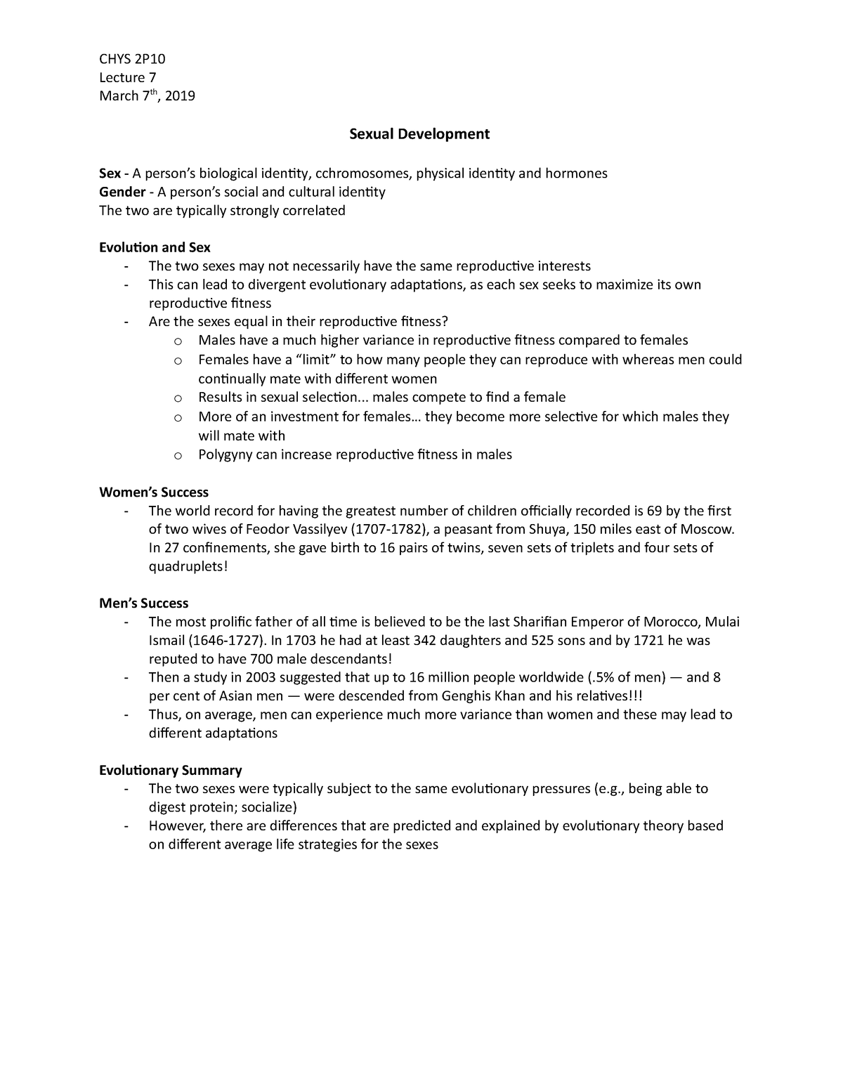 2p10 Lecture 7 Lecture 7 March 7th 2019 Sexual Development Sex A Persons Biological 3531