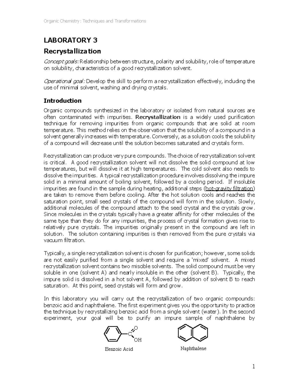 Recrystallization S19 - LABORATORY 3 Recrystallization Concept Goals ...