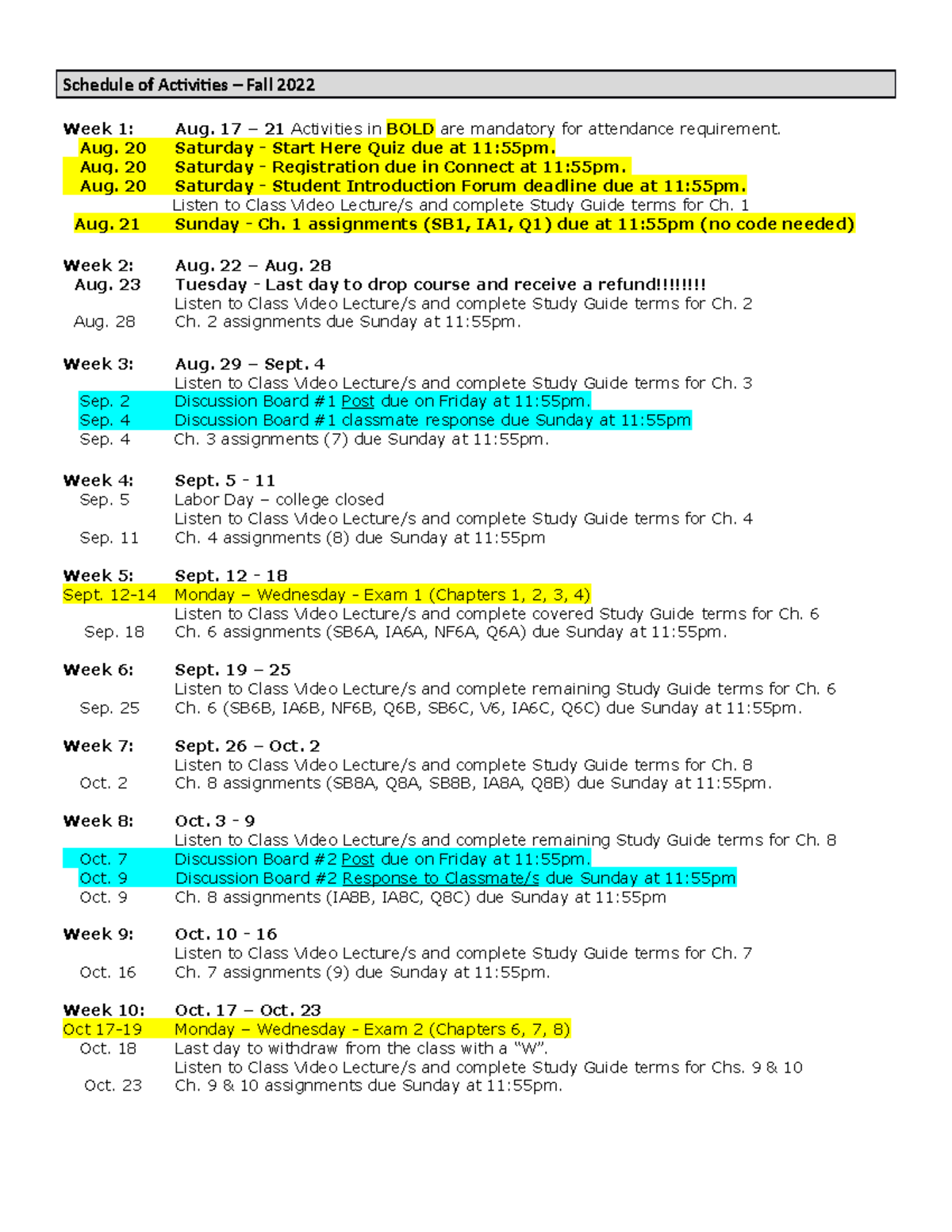 SOA - Online - Fall22 - I just need these notes - Schedule of Activities – Fall 2022 Week 1: Aug ...