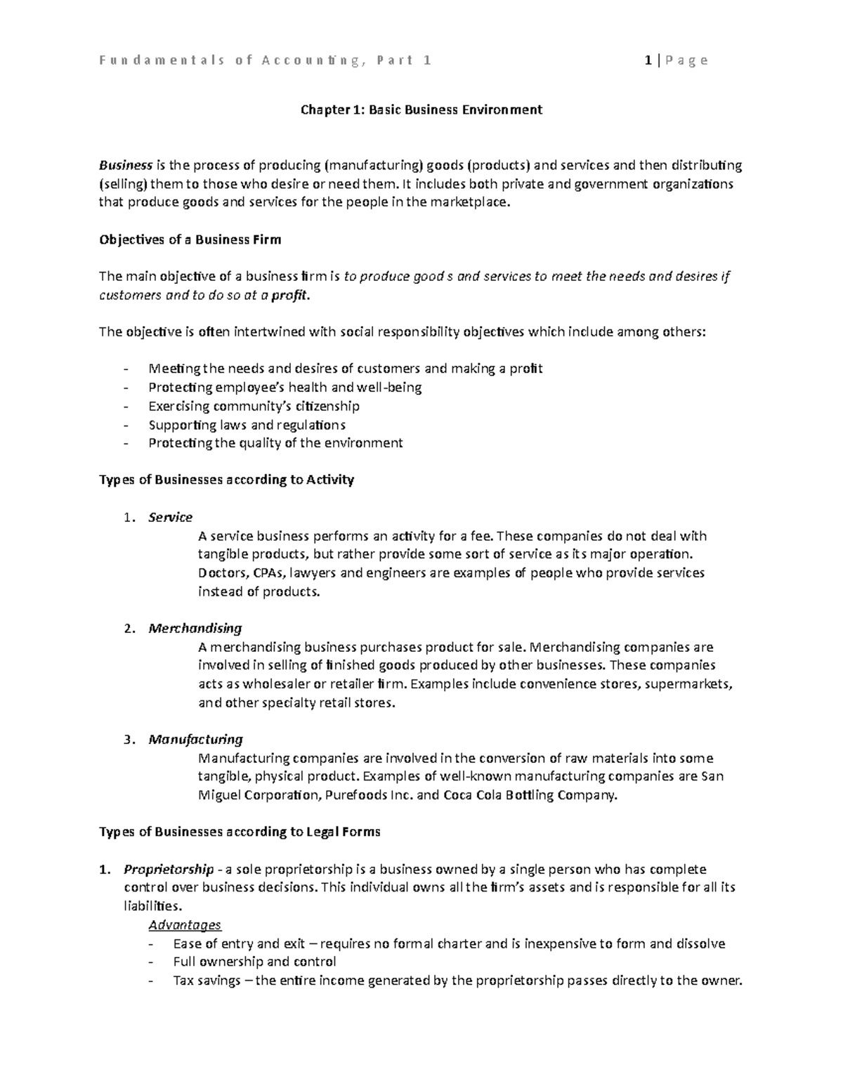 Chapter 1 Fundamentals of Accounting - Chapter 1: Basic Business ...