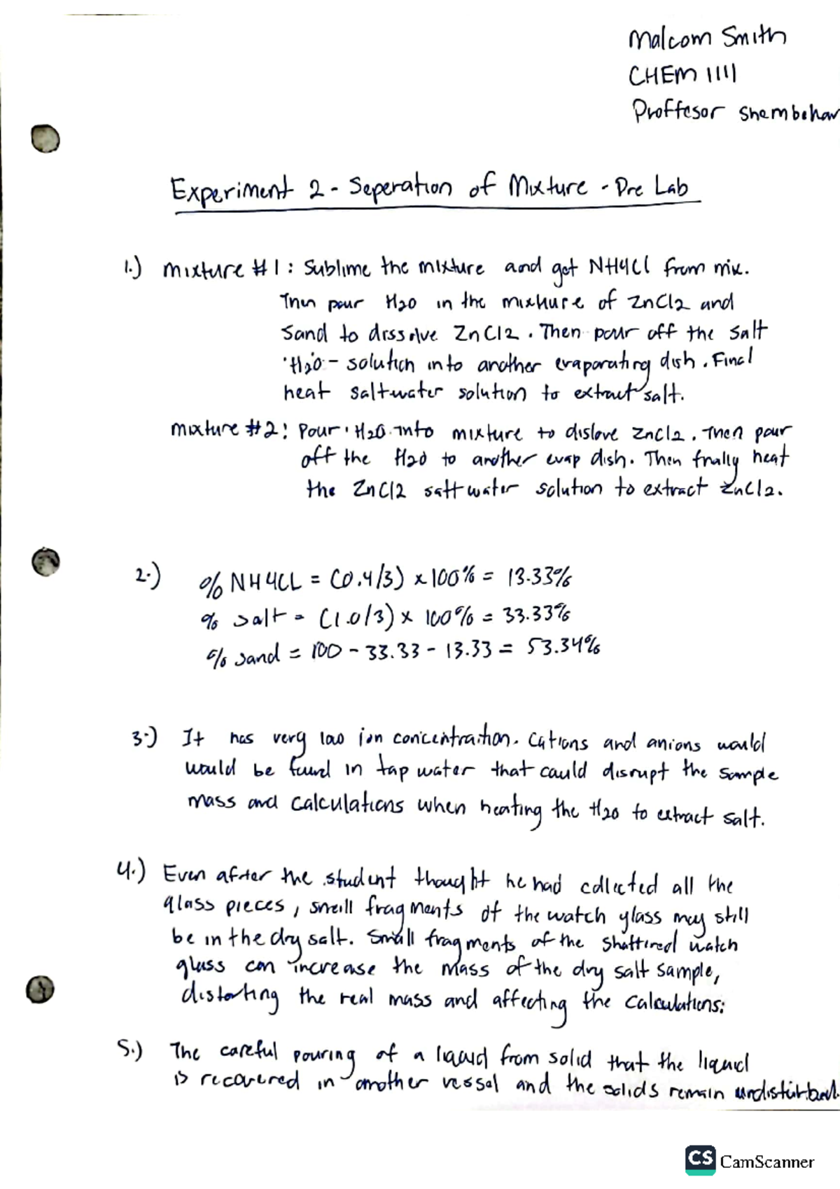 Experiment 2 - Separation of Mixture - Pre Lab - CHEM 1111 - CamScanner ...