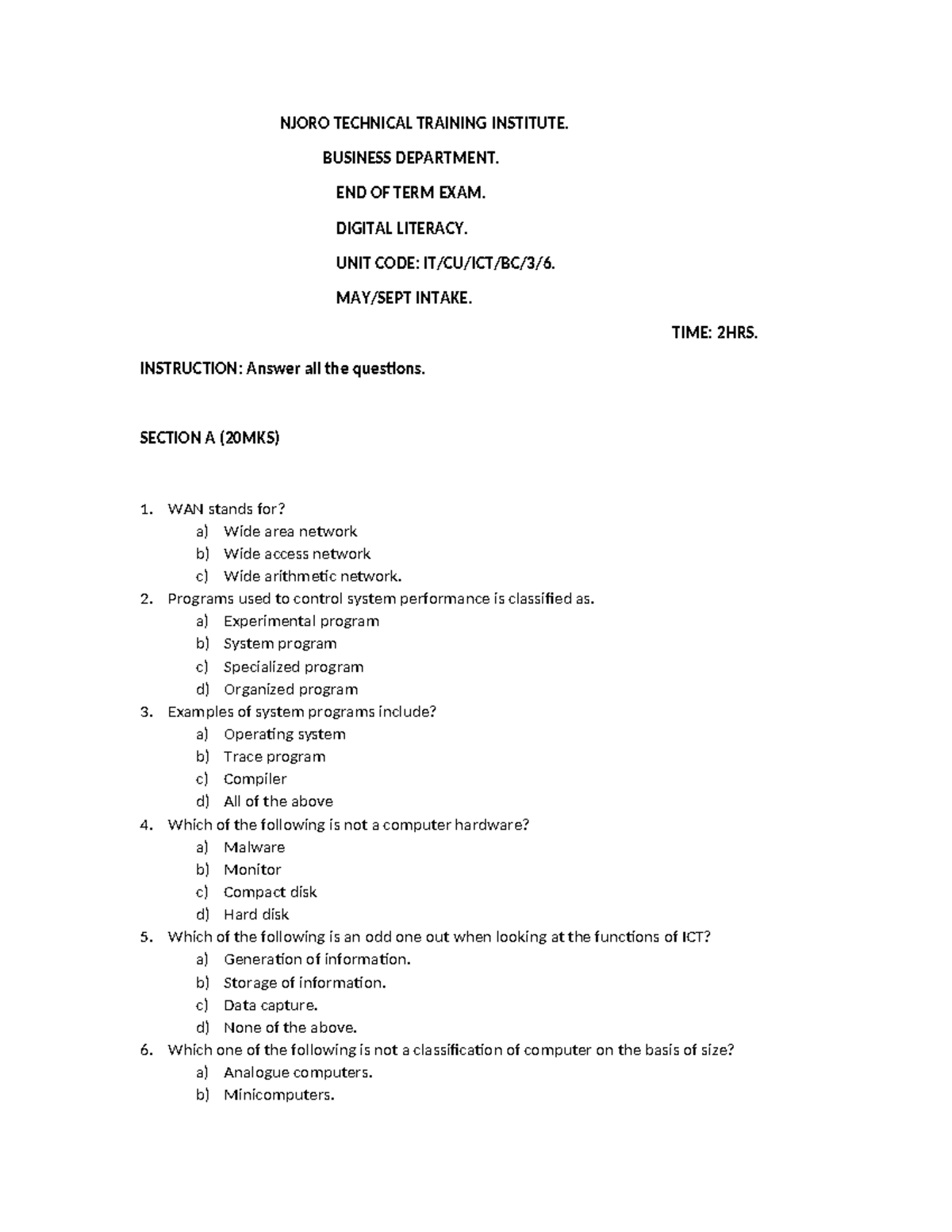 Digital Literacy EXAM NJORO TECHNICAL TRAINING INSTITUTE. BUSINESS