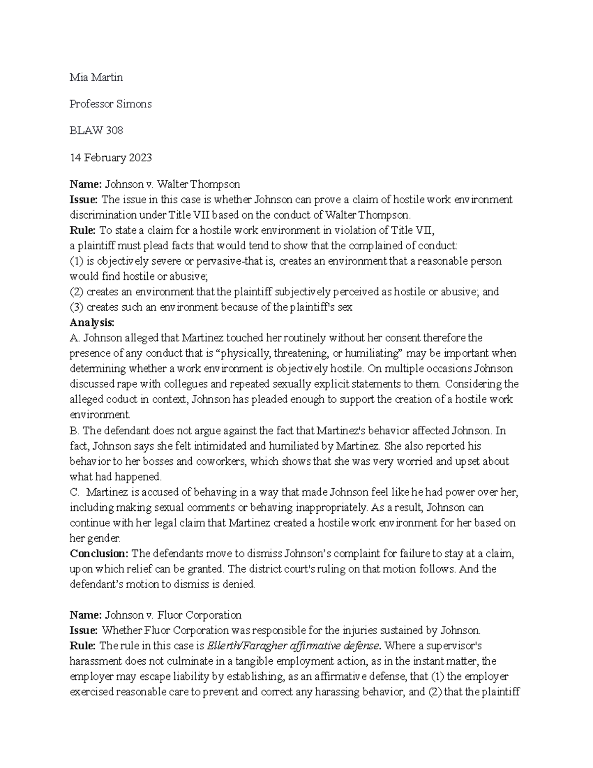 BLAW - Homework Case Brief - Mia Martin Professor Simons BLAW 308 14 ...
