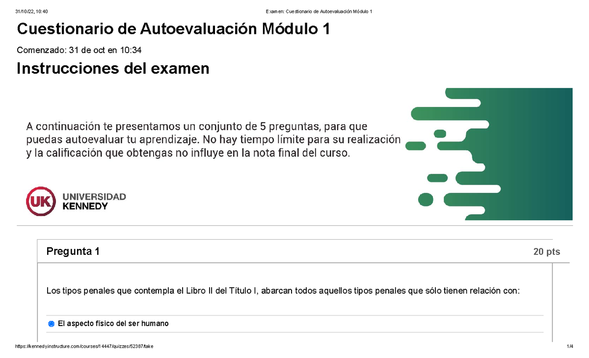 Examen Cuestionario De Autoevaluación Módulo 1 - Cuestionario De ...