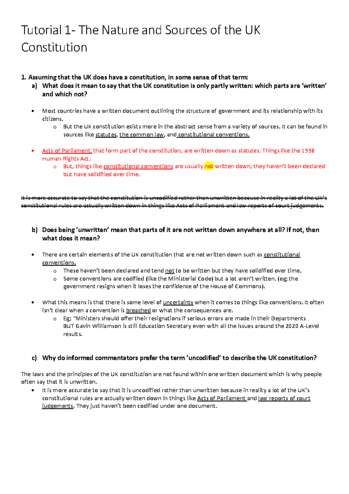 TUT1 - The Nature and Sources of the UK Constitution - Assuming that ...