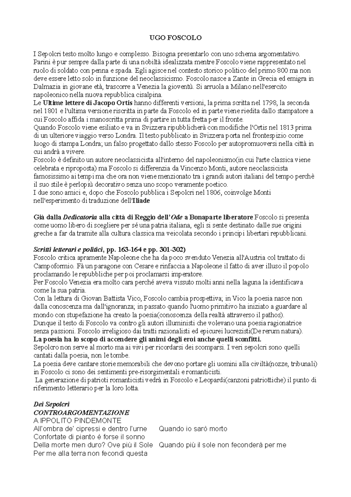 i sepolcri ugo foscolo testo