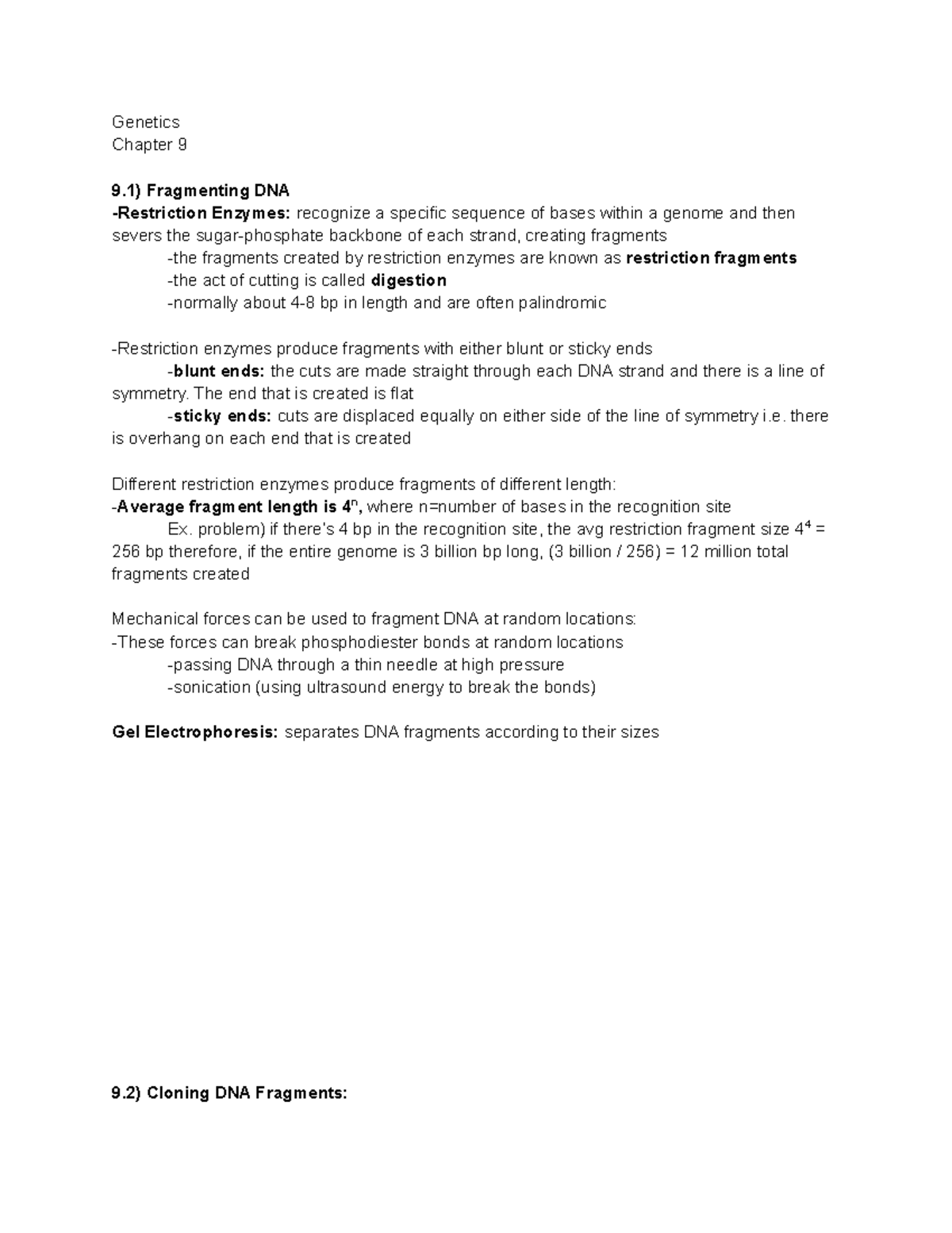 Genetics chpt 9 notes - Genetics Chapter 9 9) Fragmenting DNA Enzymes ...