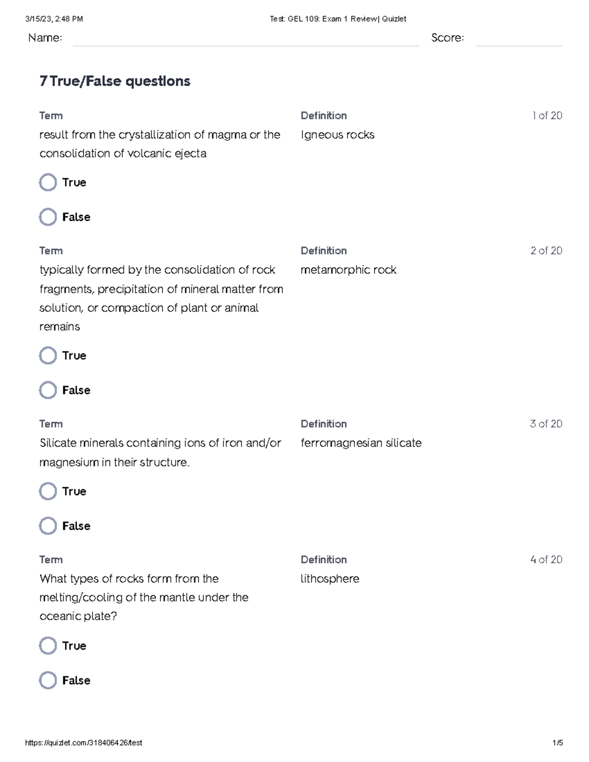 Test GEL 109 Exam 1 Review Quizlet Name Score 7 True/False