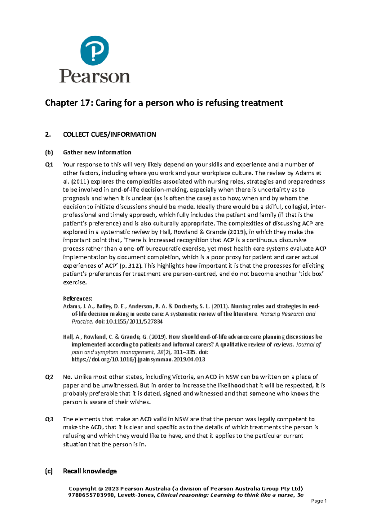 Chapter 17 Answers Clinical Reasoning Learning to think like a nurse 3rd edition Chapter 17