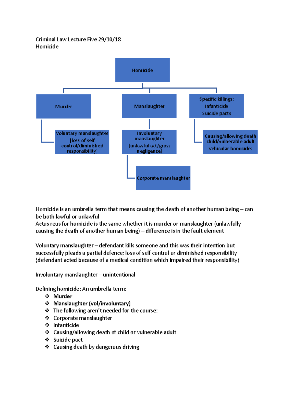 Criminal Law Lecture Five 29 10 18 Criminal Law Lecture Five 29 10 Homicide Homicide Is An Studocu
