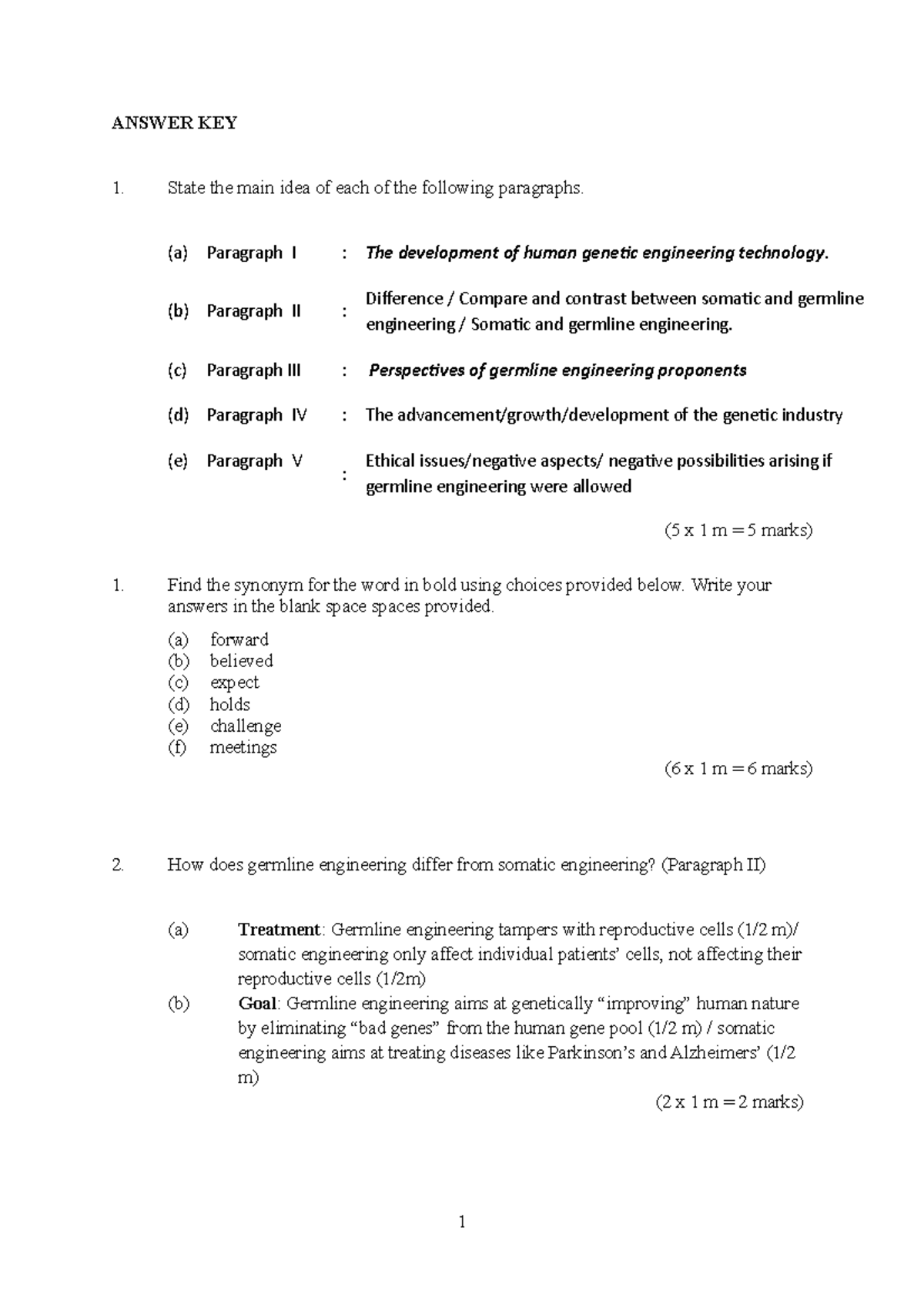 FINAL EXAM 14 15 Answer ANSWER KEY 1 State The Main Idea Of Each Of