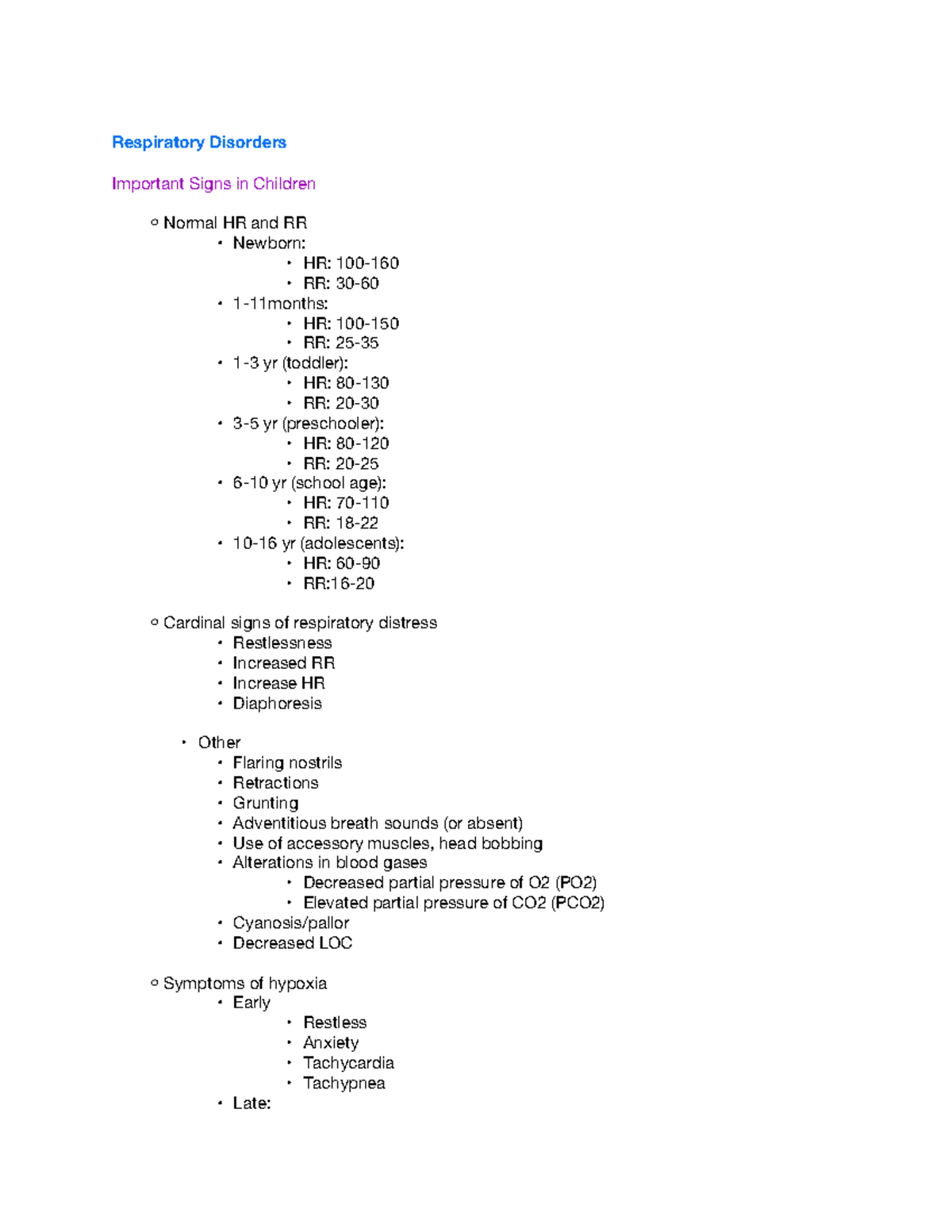 HESI PrepPeds respiratory and cardio Respiratory Disorders Important