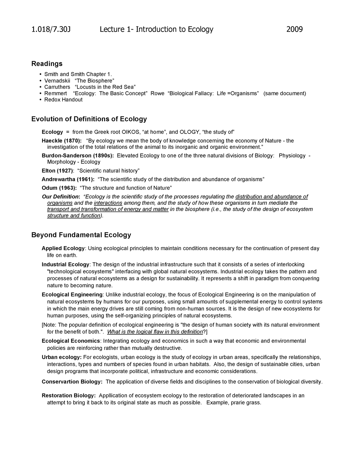 Ecology 1 - 1.018/7 Lecture 1- Introduction To Ecology 2009 Readings ...