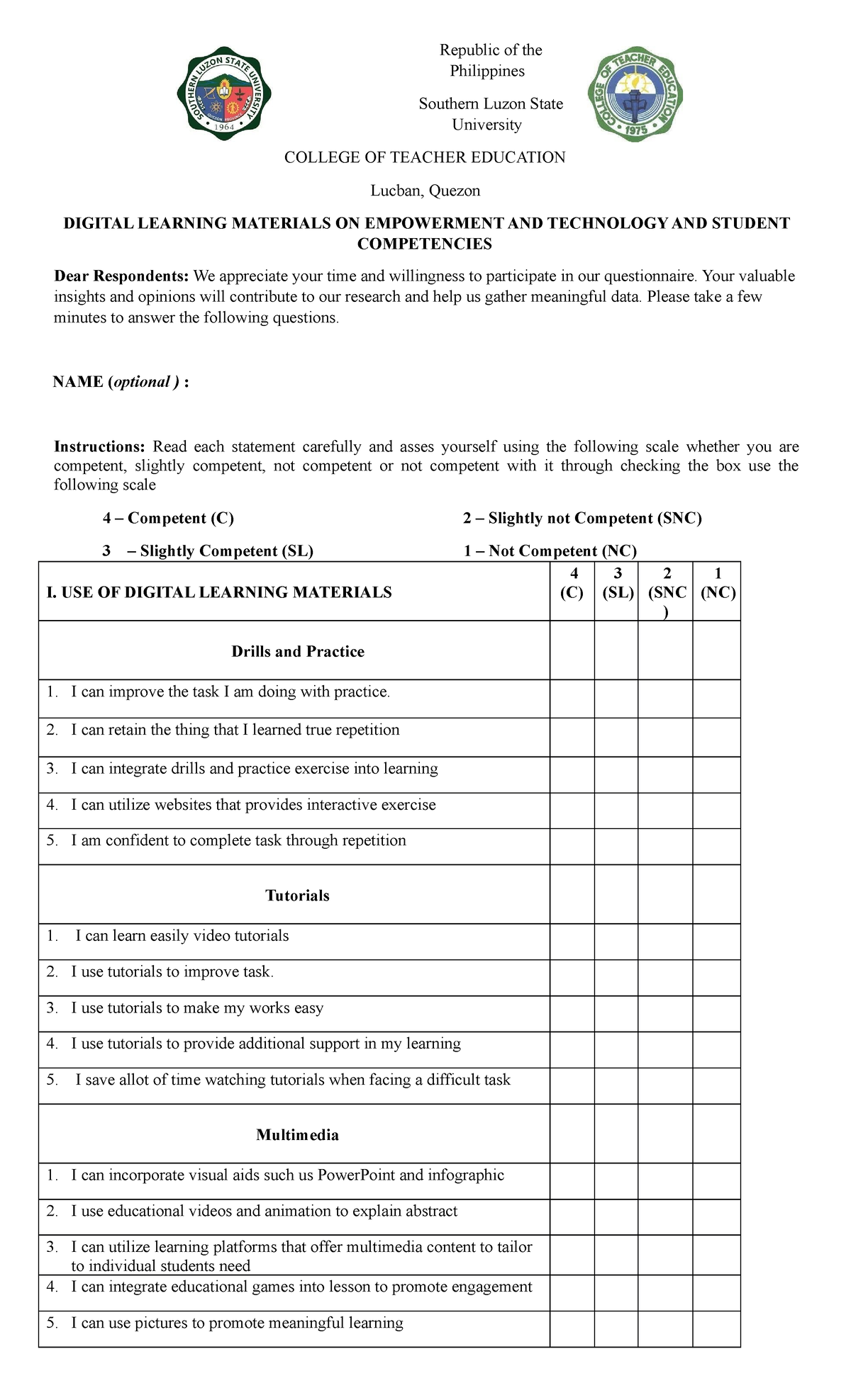 Questionnaire In Research 1 Edited - Republic Of The Philippines 