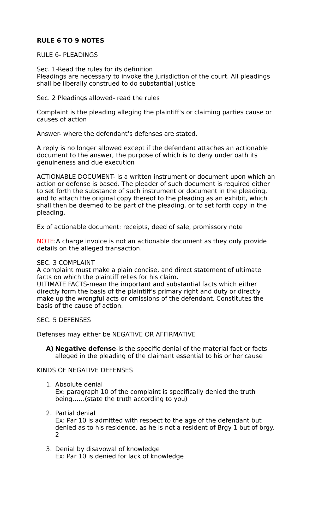 RULE 6 TO 8 Notes - None - RULE 6 TO 9 NOTES RULE 6- PLEADINGS Sec. 1 ...