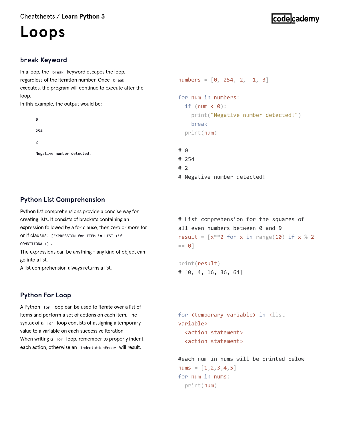 Learn Python 3 Loops Cheatsheet Codecademy - In A Loop, The Break ...