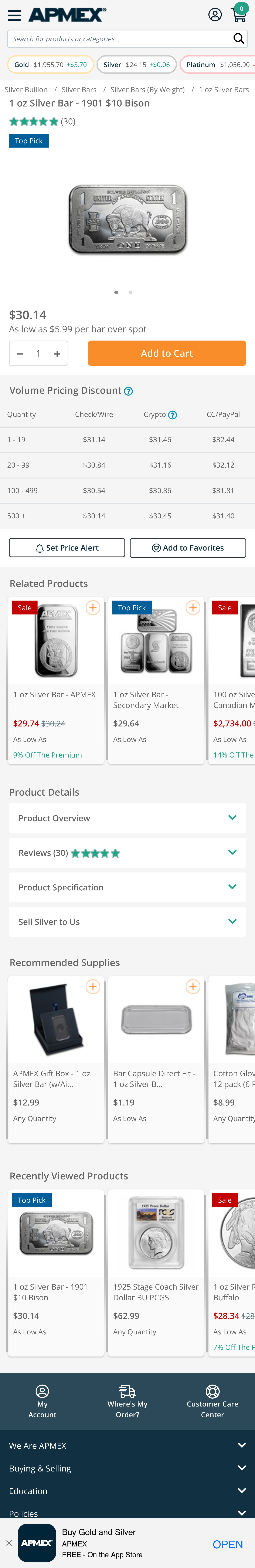 Buy 1 oz Silver Bar - 1901 $10 Bison Apmex - Volume Pricing Discount ...