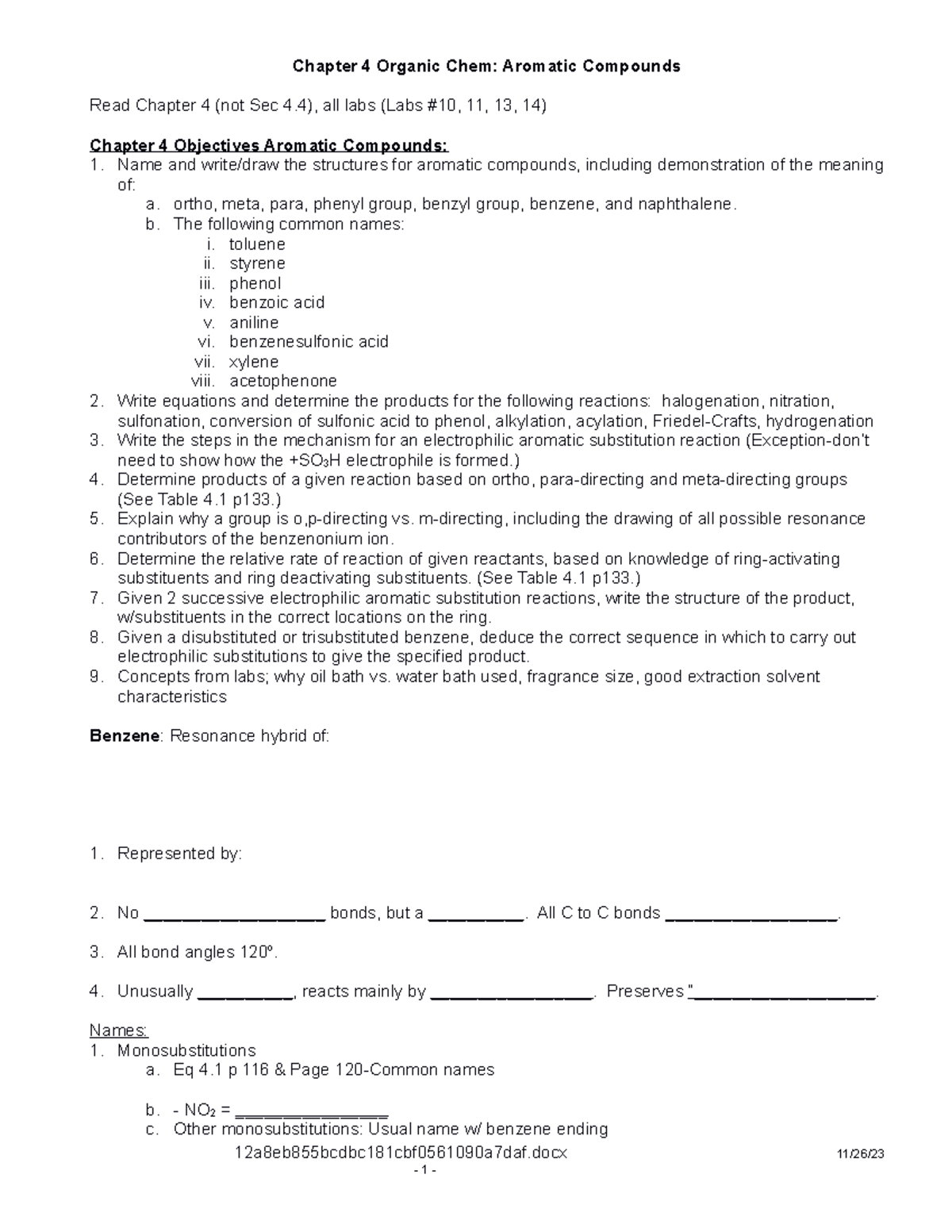 Ch 4 aromatics outline - aromatic - Chapter 4 Organic Chem: Aromatic ...