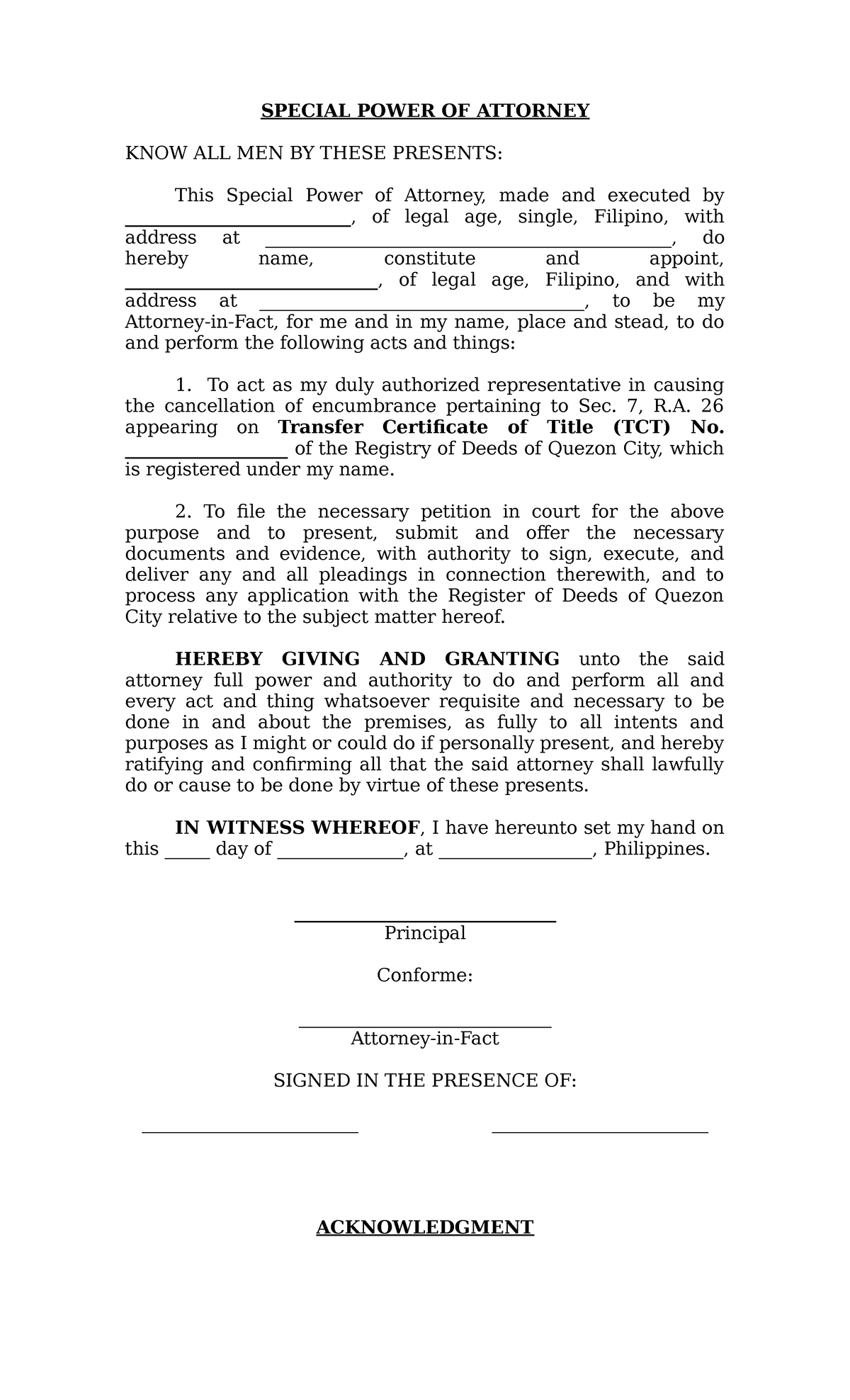 Special Power OF Attorney - 7, R. 26 appearing on Transfer Certificate ...