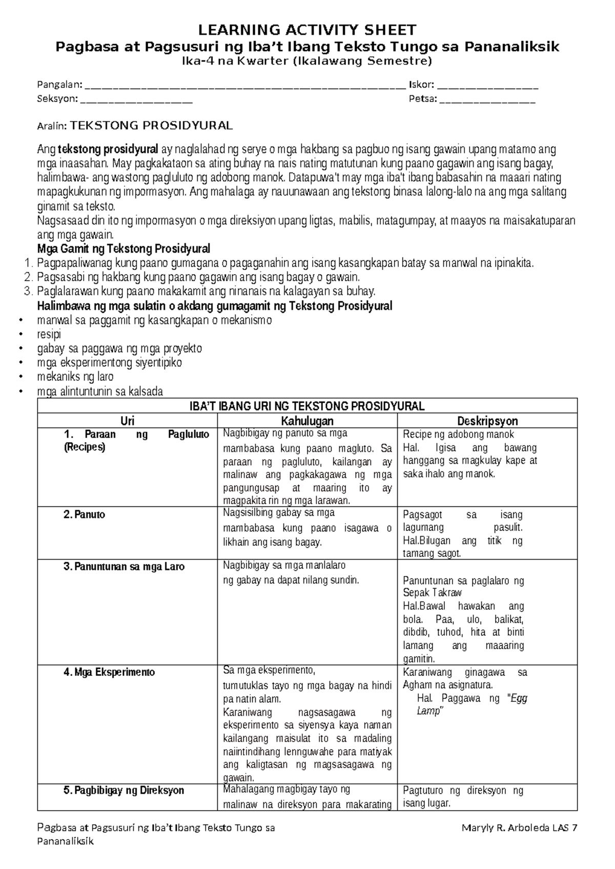 Learning Activity Sheet Tekstong Prosidyural Learning Activity Sheet Pagbasa At Pagsusuri Ng 9184