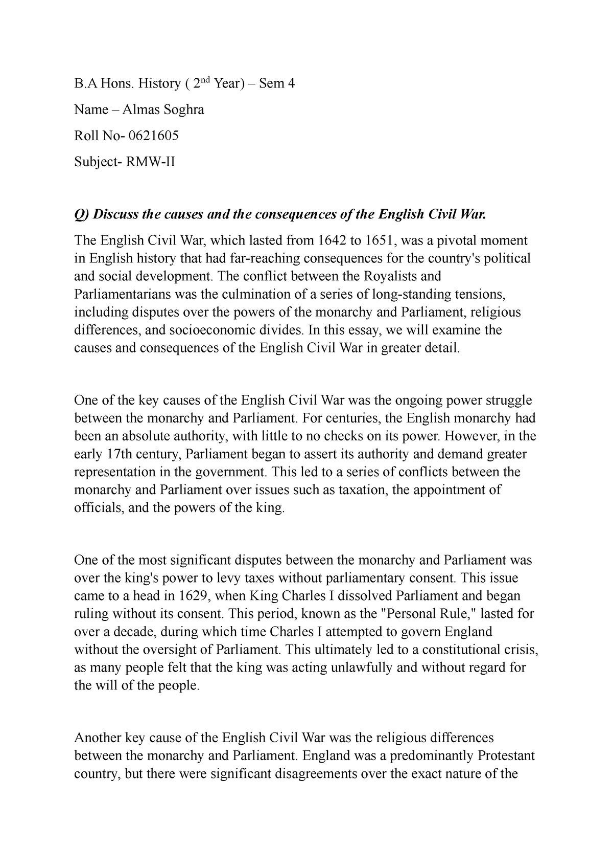 RMW- II Assignment New - English Civil War - B Hons. History ( 2nd Year ...