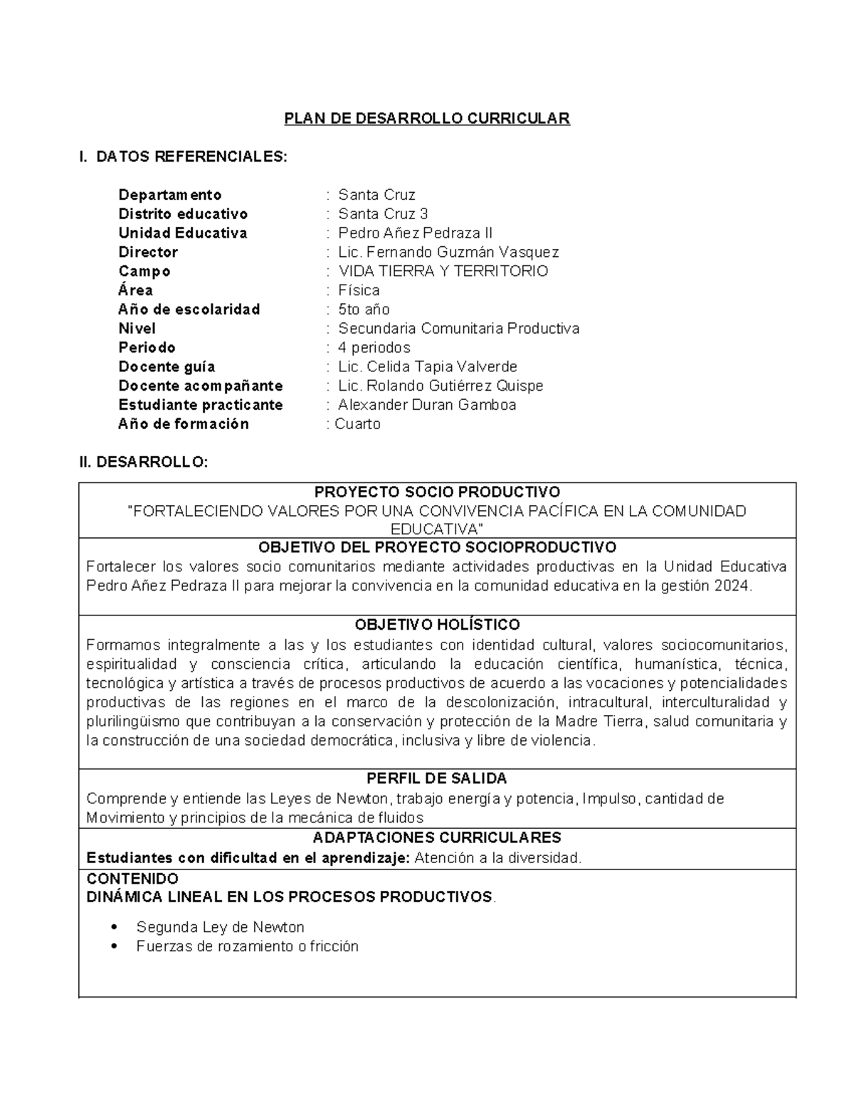 Pdc Fis 5to lineal 2024 - PLAN DE DESARROLLO CURRICULAR I. DATOS ...