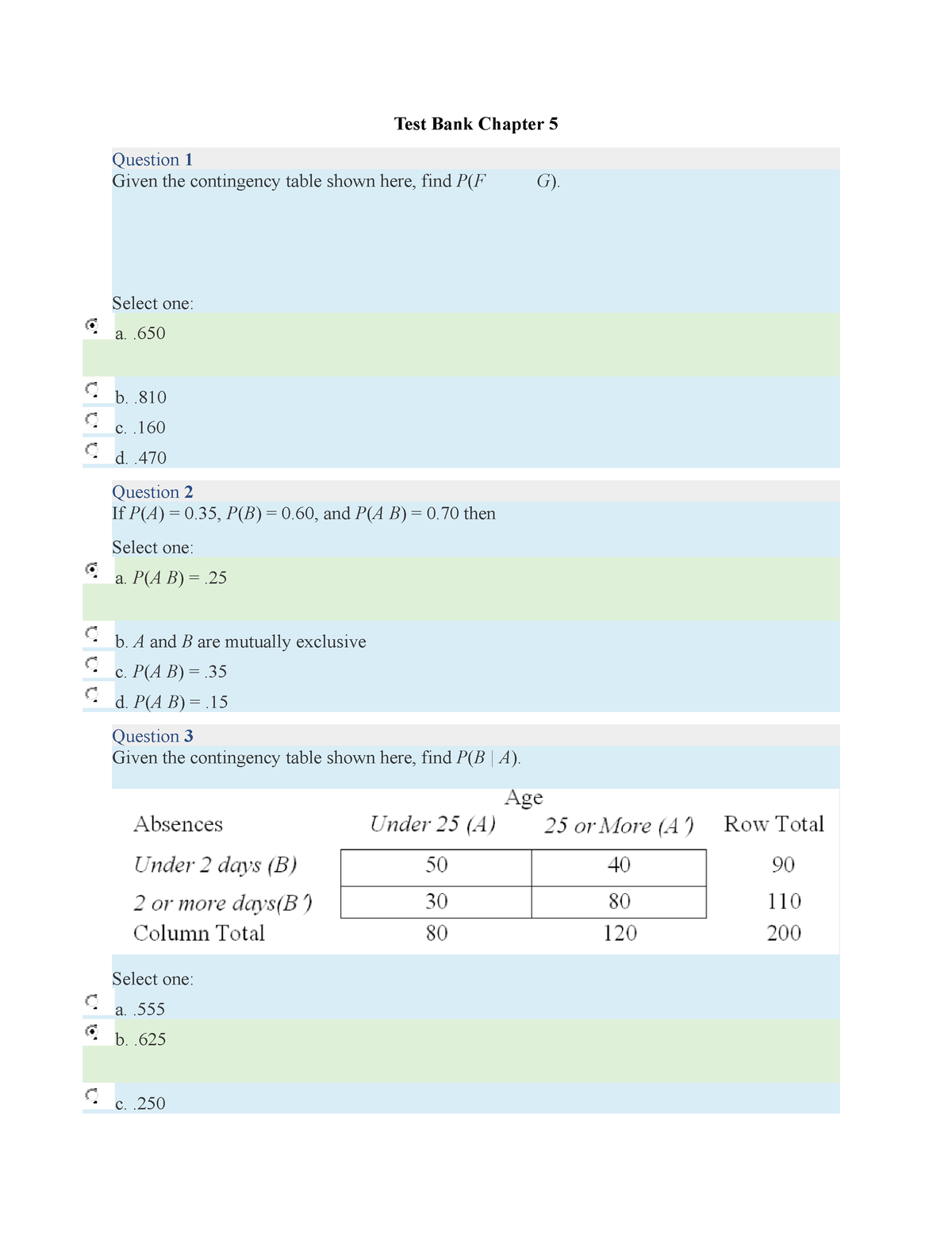 SB Test Bank Chapter 5 - Test Bank Chapter 5 Question 1 Given The ...