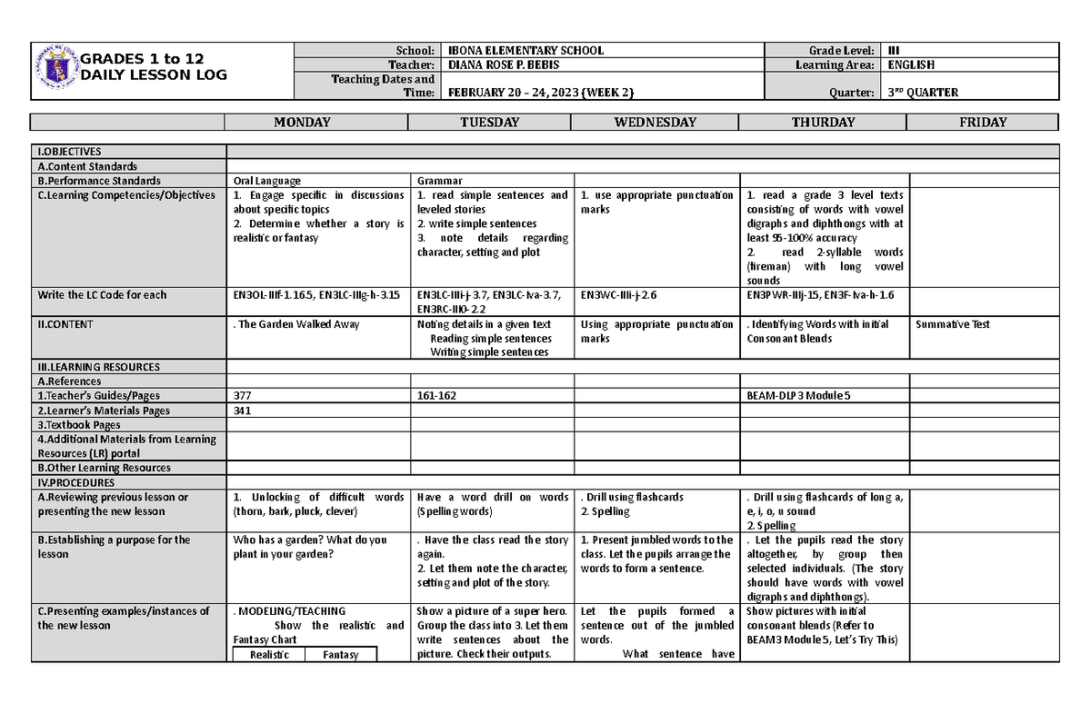 Dll English 3 Q3 W2 So Interesting Grades 1 To 12 Daily Lesson Log School Ibona Elementary 7754