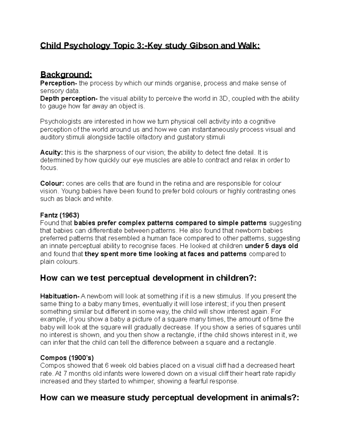 Child Psychology Topic 3 Key study Gibson and Walk Child Psychology Topic 3Key study Gibson