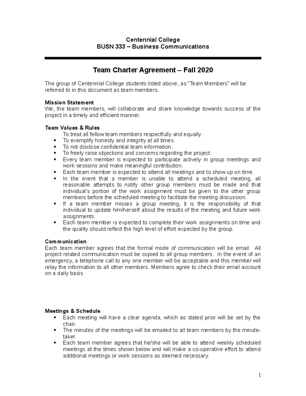 Team Charter - Group - Centennial College BUSN 333 – Business ...