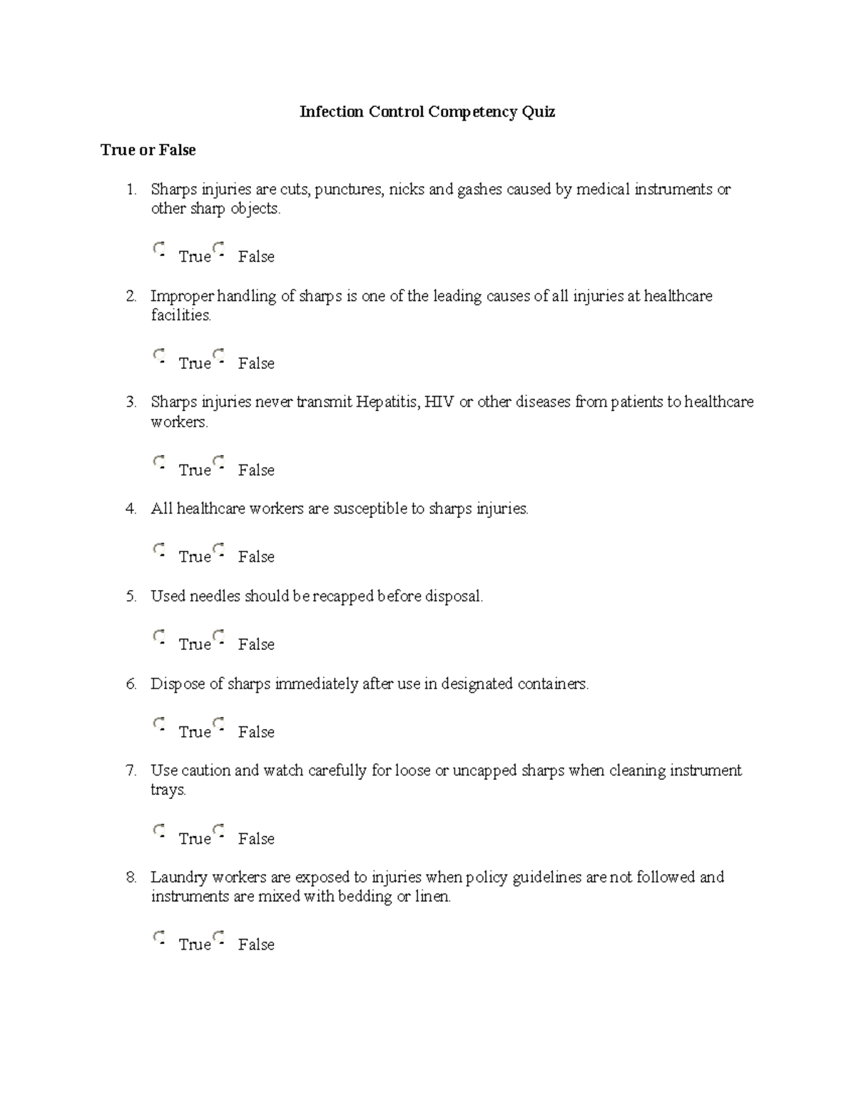 Infection Control Competency Quiz - True False Improper handling of ...