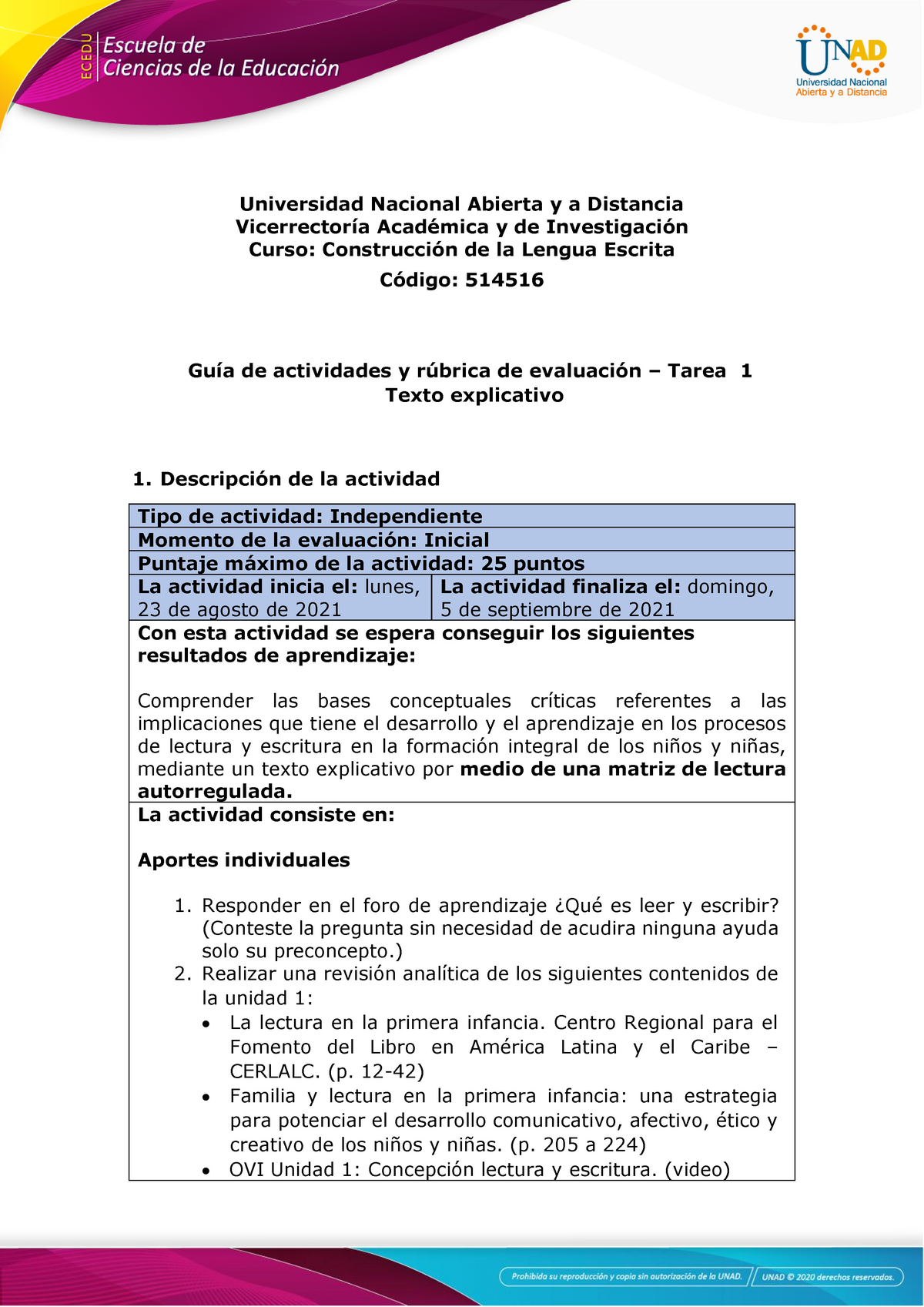 Guía De Actividades Y Rúbrica De Evaluación Tarea 1 Texto Explicativo Universidad Nacional 8886