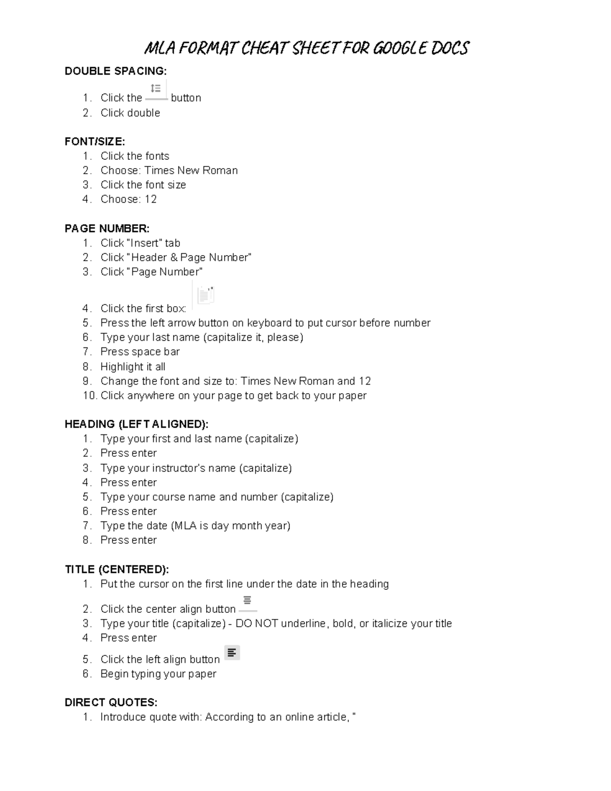 MLA format Cheat Sheet - MLA FORMAT CHEAT SHEET FOR GOOGLE DOCS DOUBLE ...