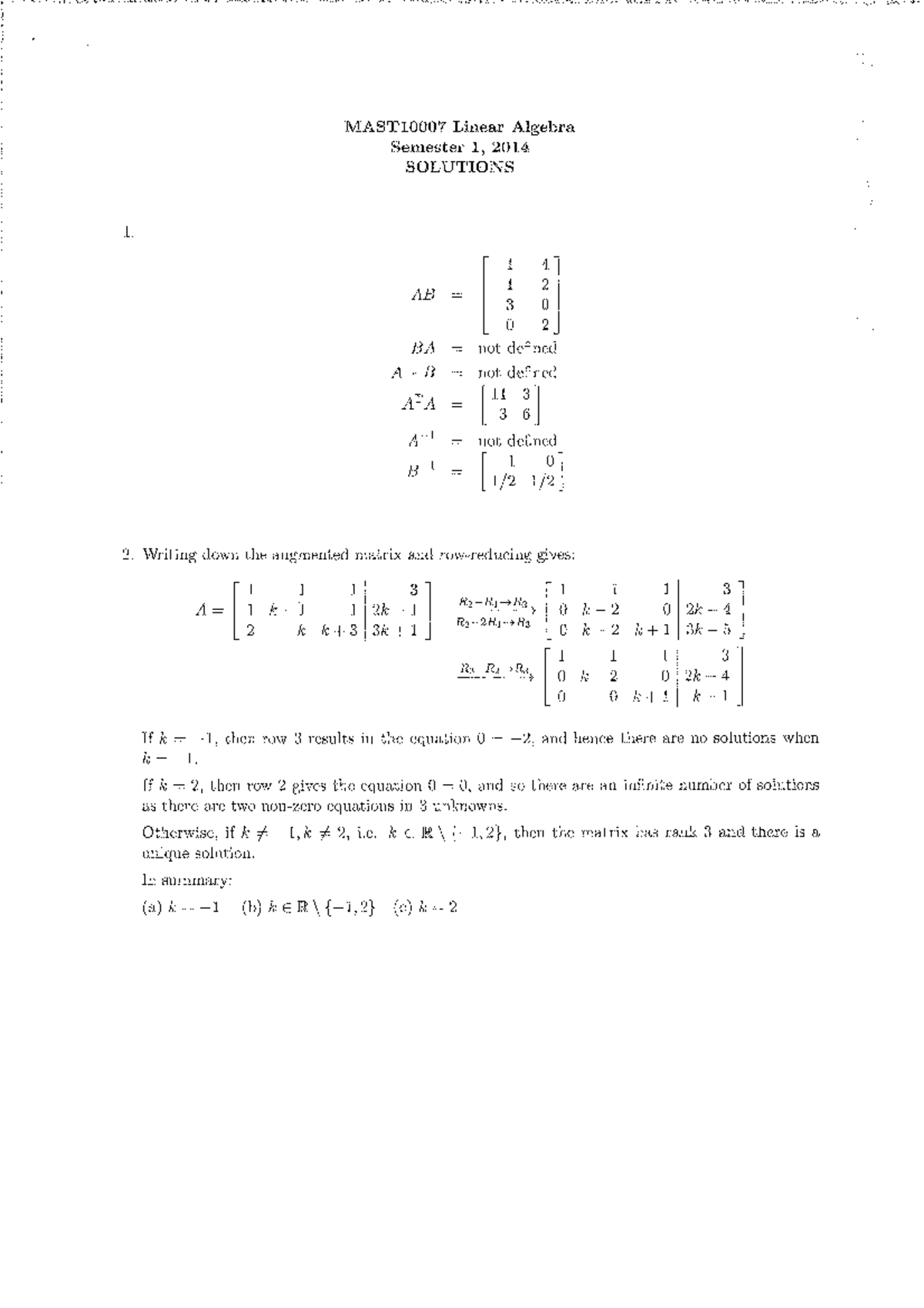 Exam 2014, answers - MASTlOOO'T Linear Algebra Semester 1, 2014 ...