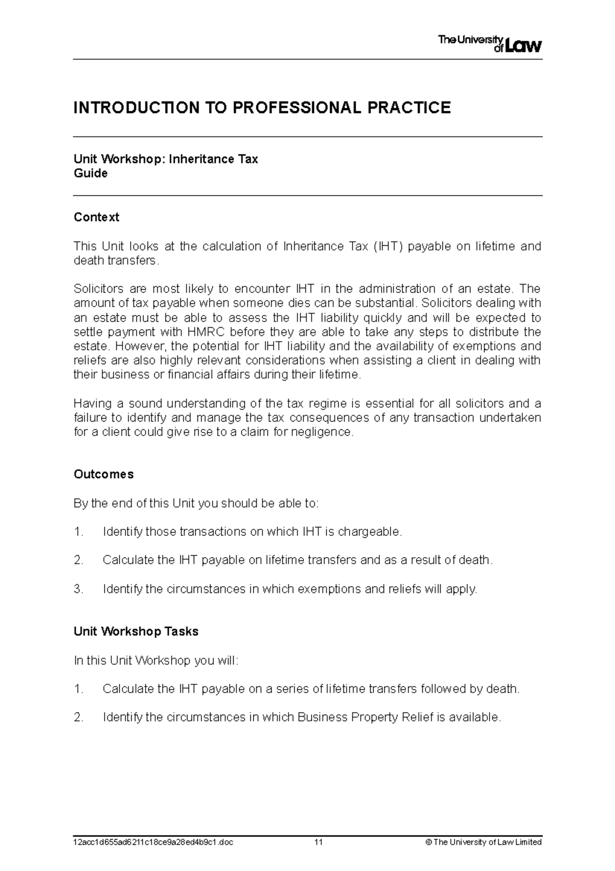 Inheritance Tax - Workshop Guide - INTRODUCTION TO PROFESSIONAL ...