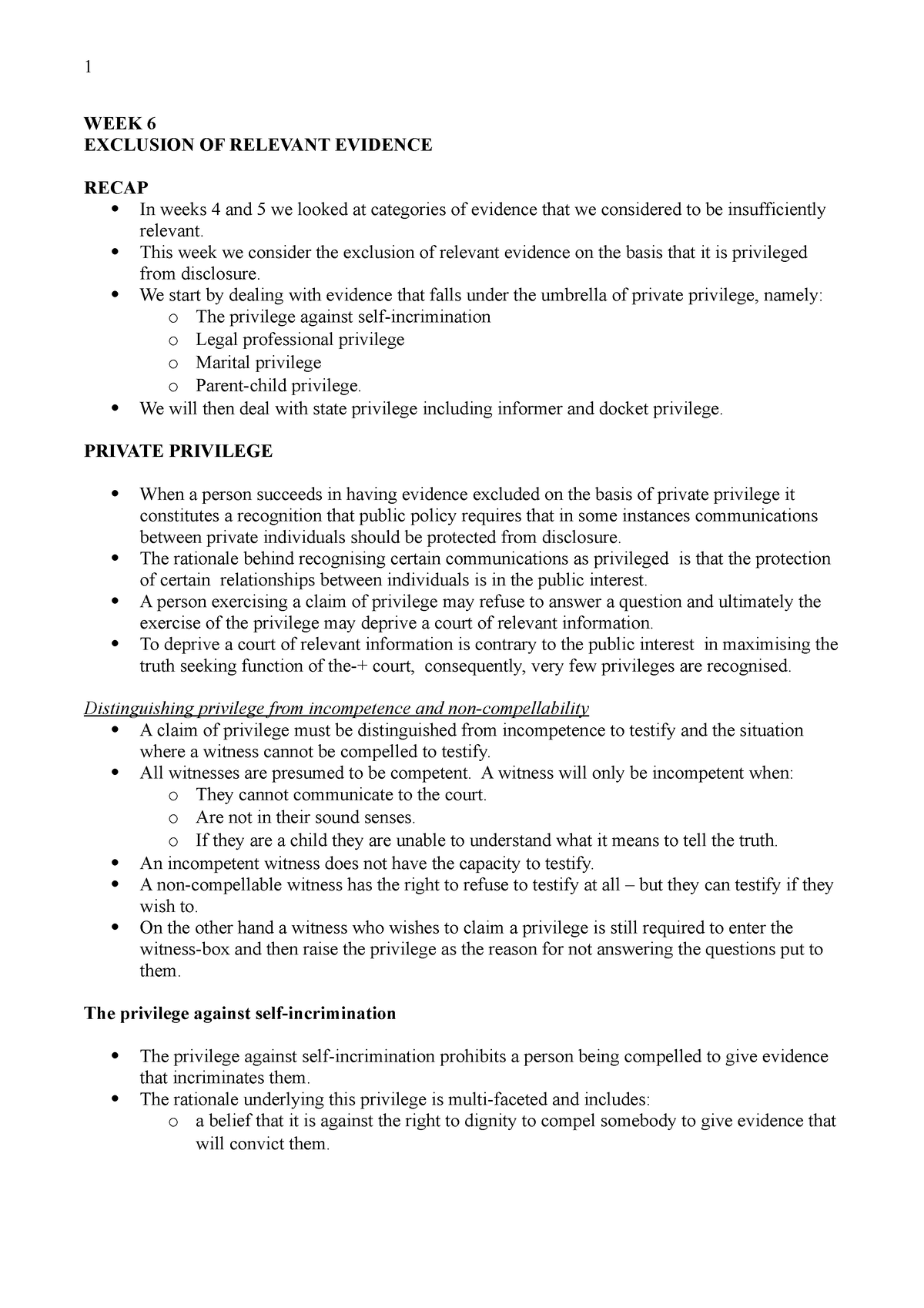 Week 6- Exclusion of relevant evidence - WEEK 6 EXCLUSION OF RELEVANT ...