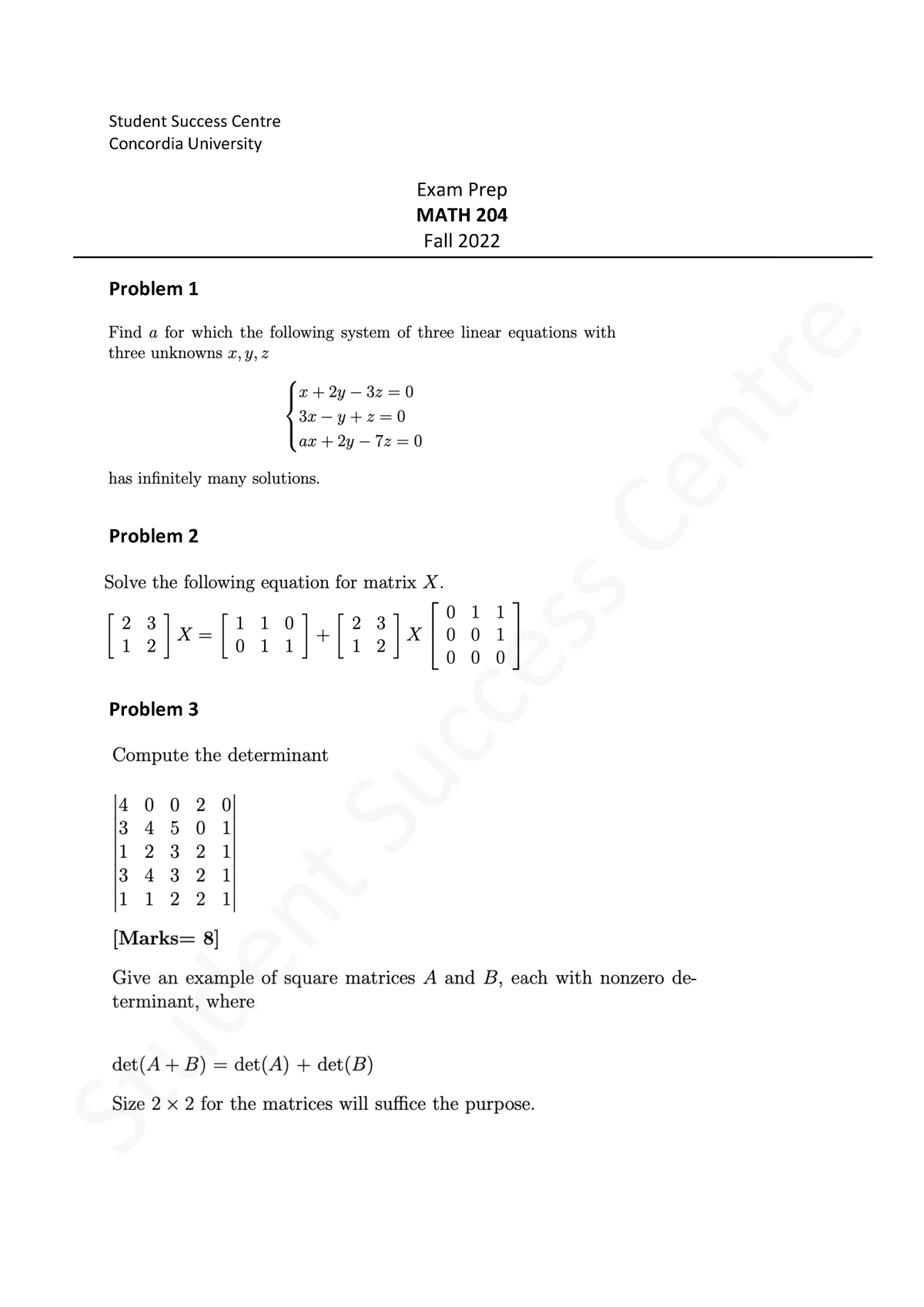 Exam Prep - Ssssss - MATH 208 - Concordia University Exam Prep MATH 204 ...