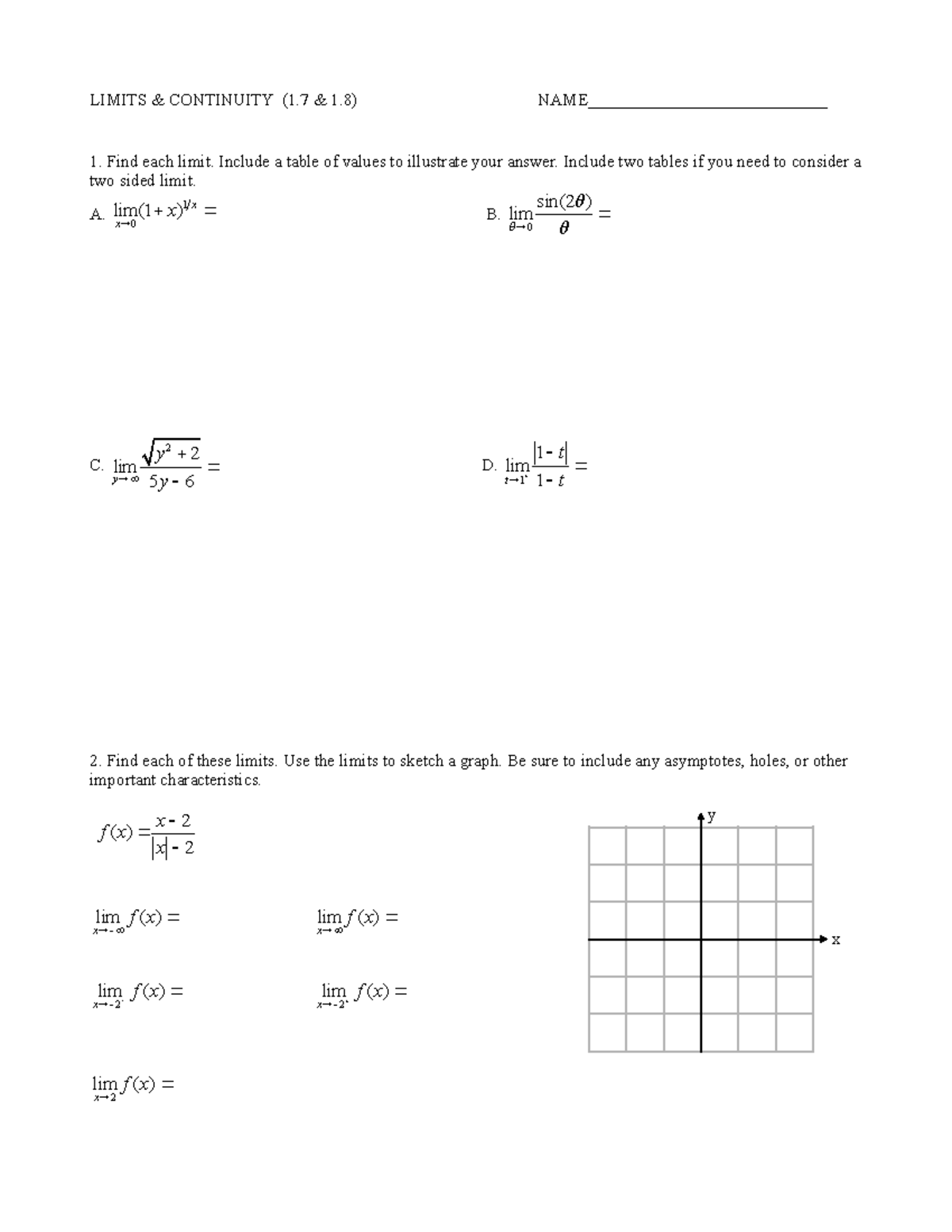 Continuity Worksheet - y x LIMITS & CONTINUITY (1 & 1) NAME ...