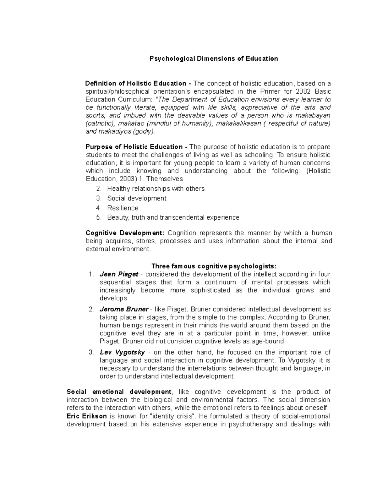 Psychological Dimensions of Education Psychological Dimensions of