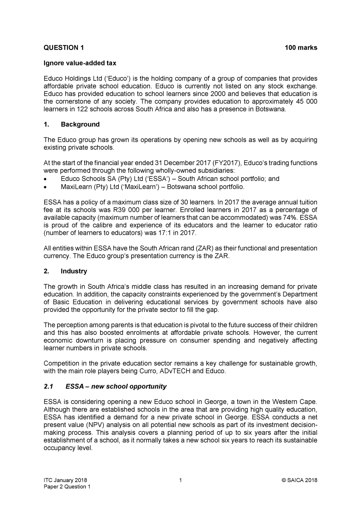 ITC January 2018 Paper 2 Question 1 Educo - ITC January 2018 1 © SAICA ...