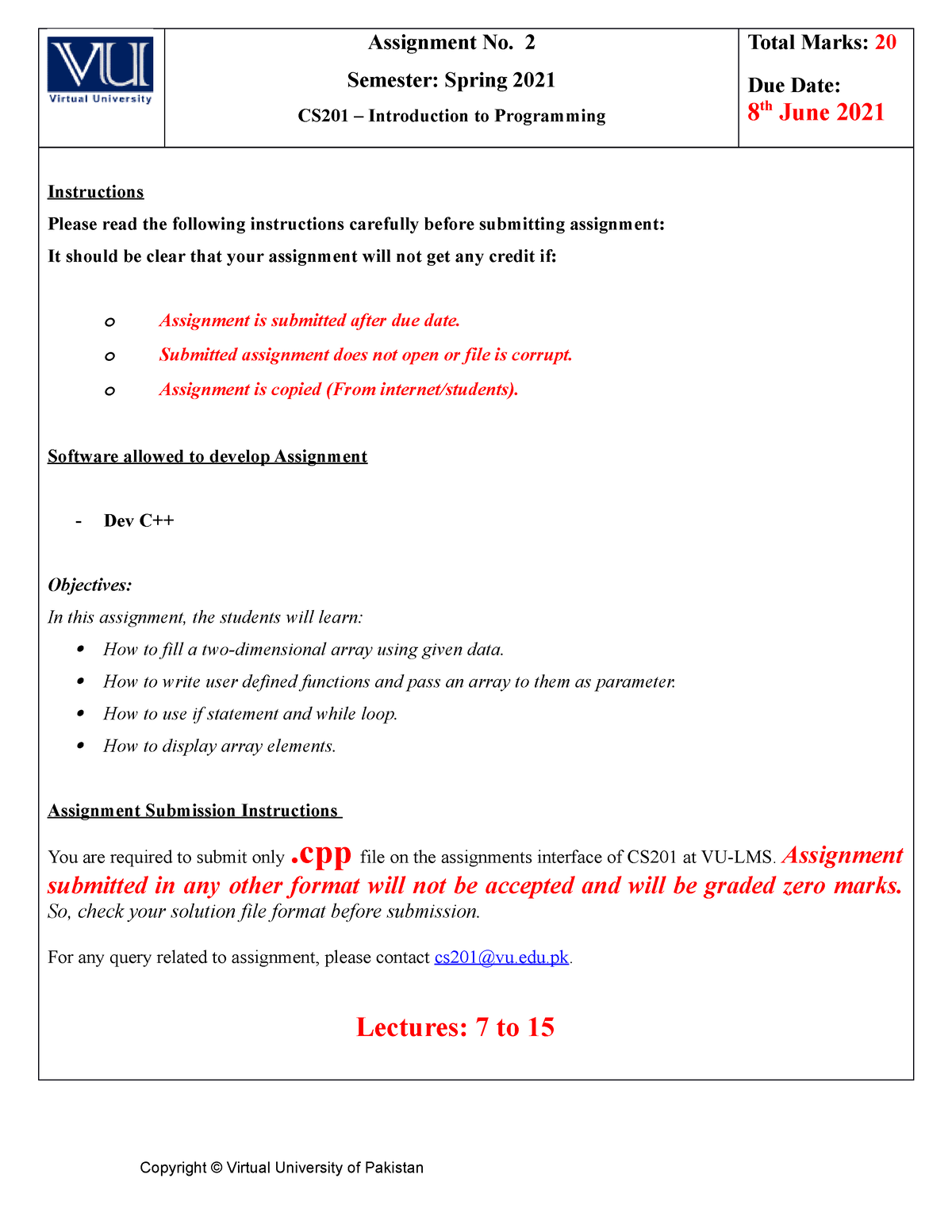 Spring 2021 CS201 2 - This File Is Latest. - Assignment No. 2 Semester ...