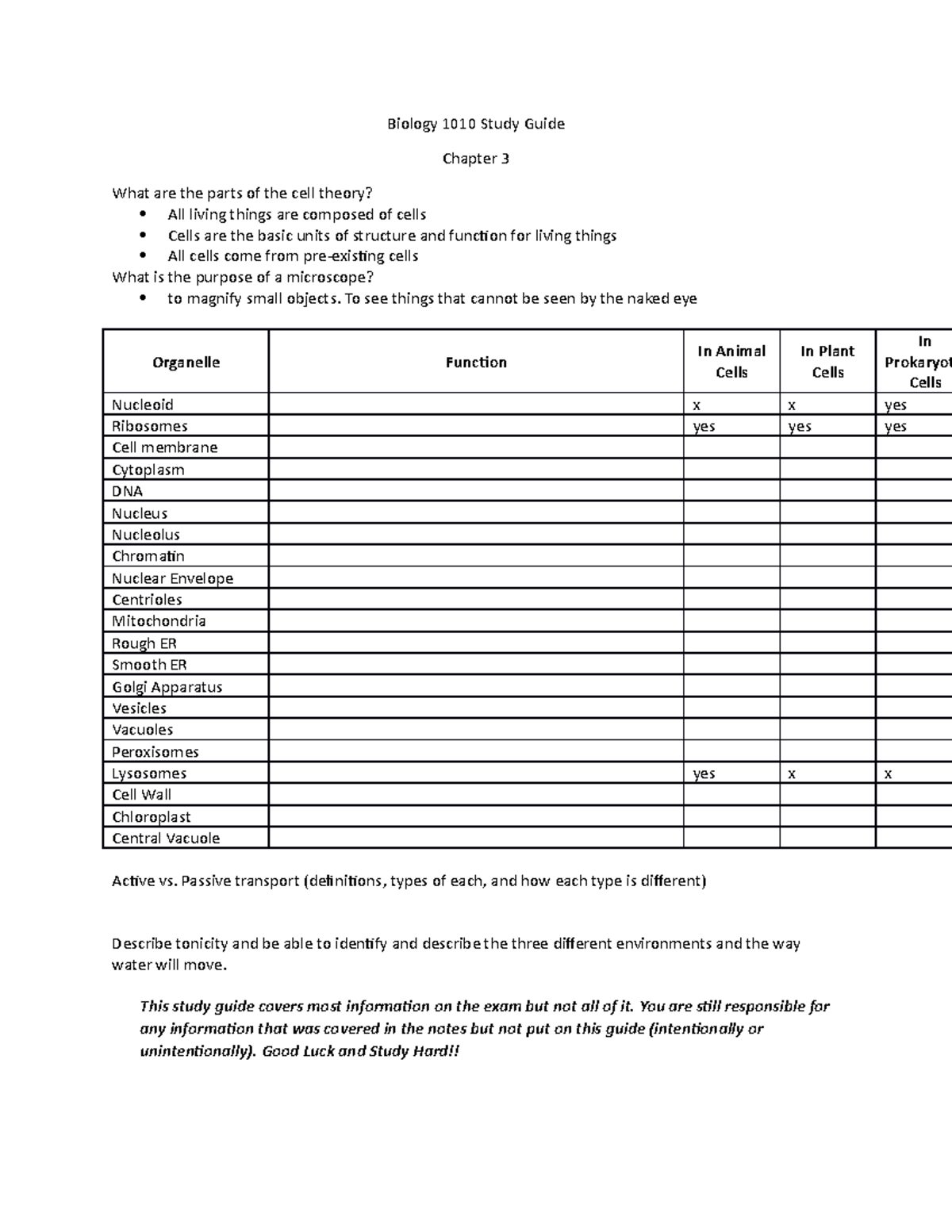 Chapter 3 SG study guide and answers Biology 1010 Study Guide