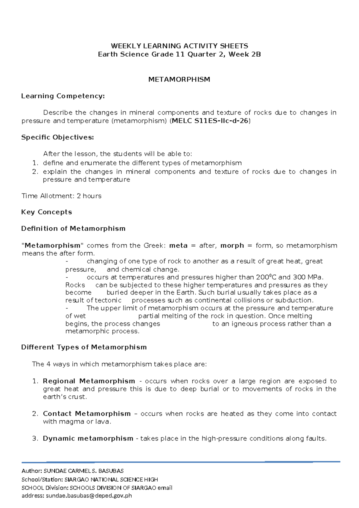 ES Q2 Week2b - learn - WEEKLY LEARNING ACTIVITY SHEETS Earth Science ...