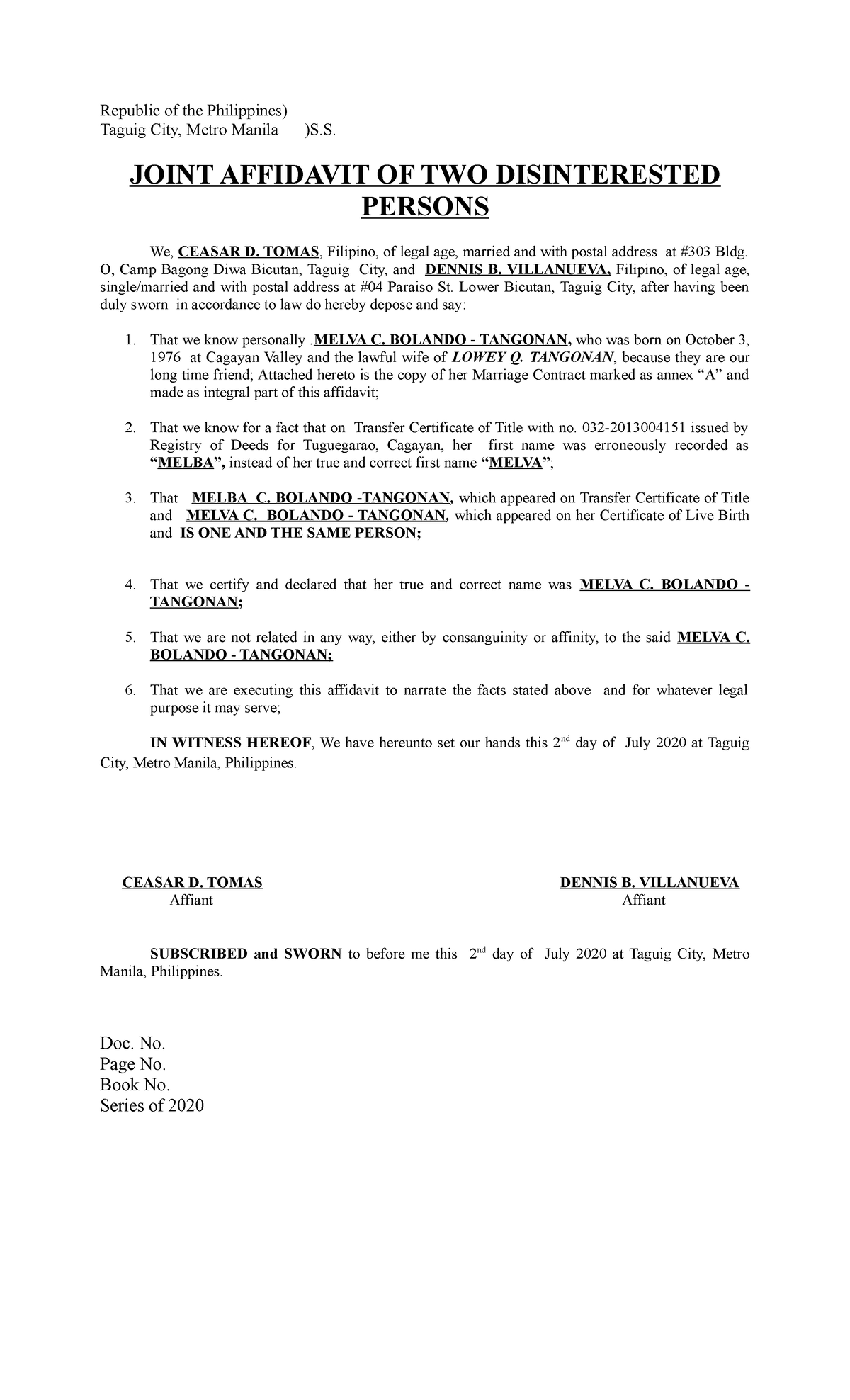 Affidavit Of 2 Disintersted Person - Republic of the Philippines ...