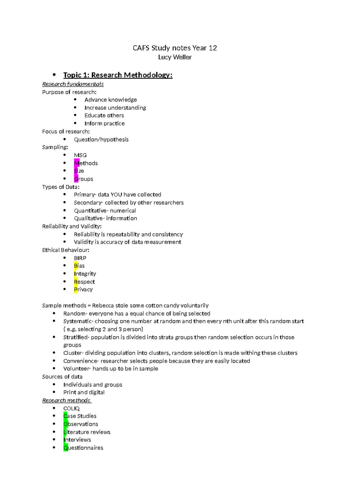 CAFS Year 12 Study Notes - CAFS Study Notes Year 12 Lucy Weller Topic 1 ...